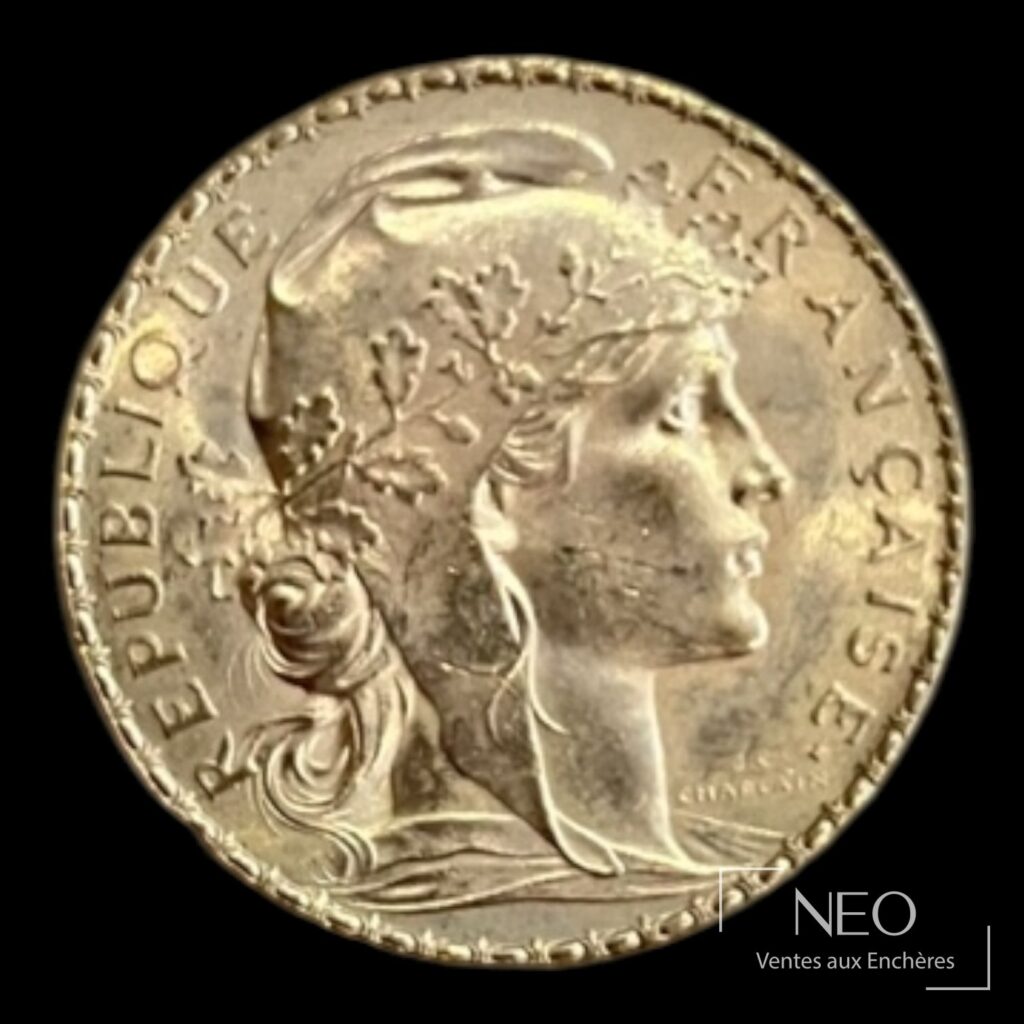 Avers d'une pièce 20 francs Marianne au coq avec le profil de Marianne
