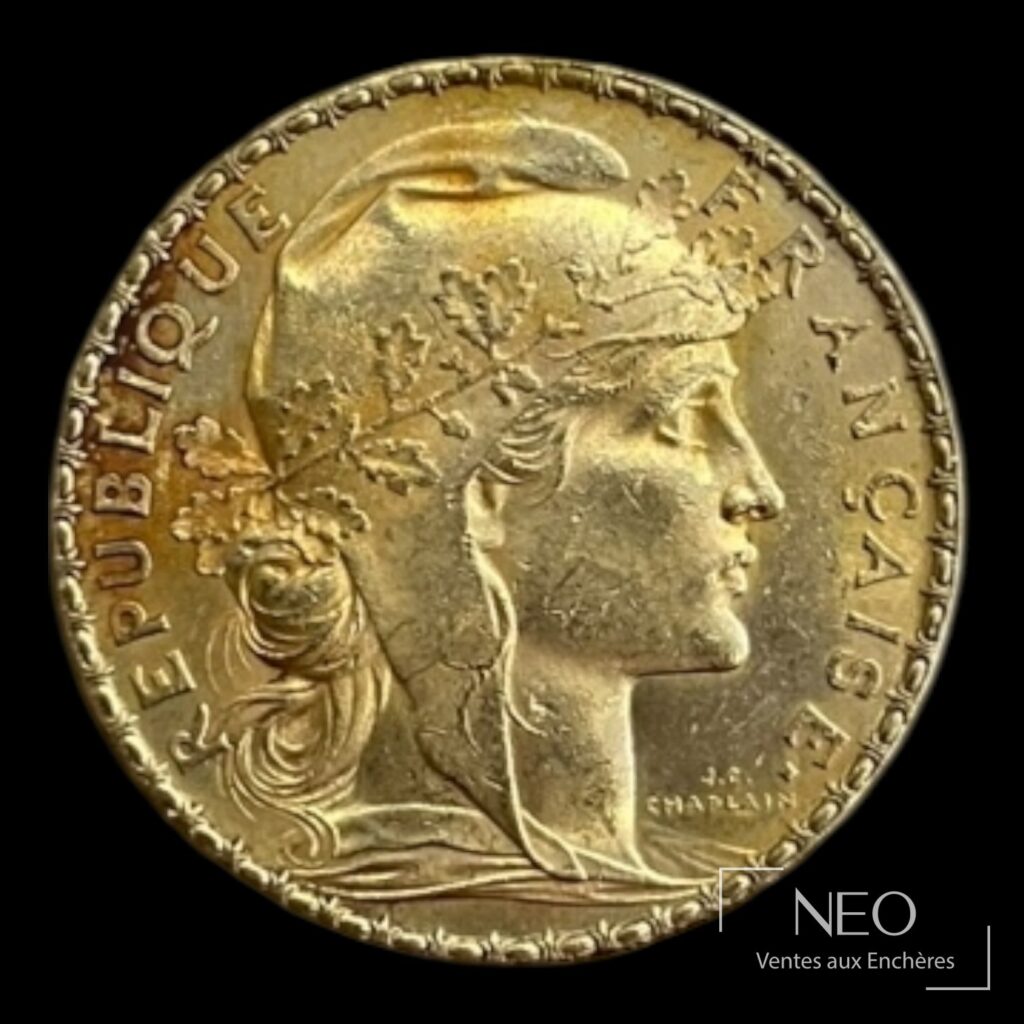 Avers d'une pièce 20 francs Marianne au coq de 1910