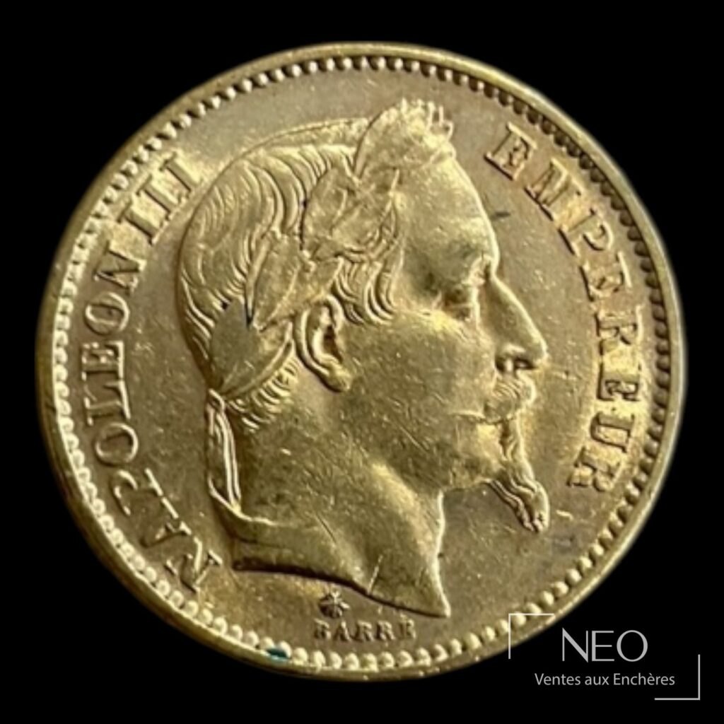 Avers d'une pièce 20 francs Napoléon III tête laurée en métal doré