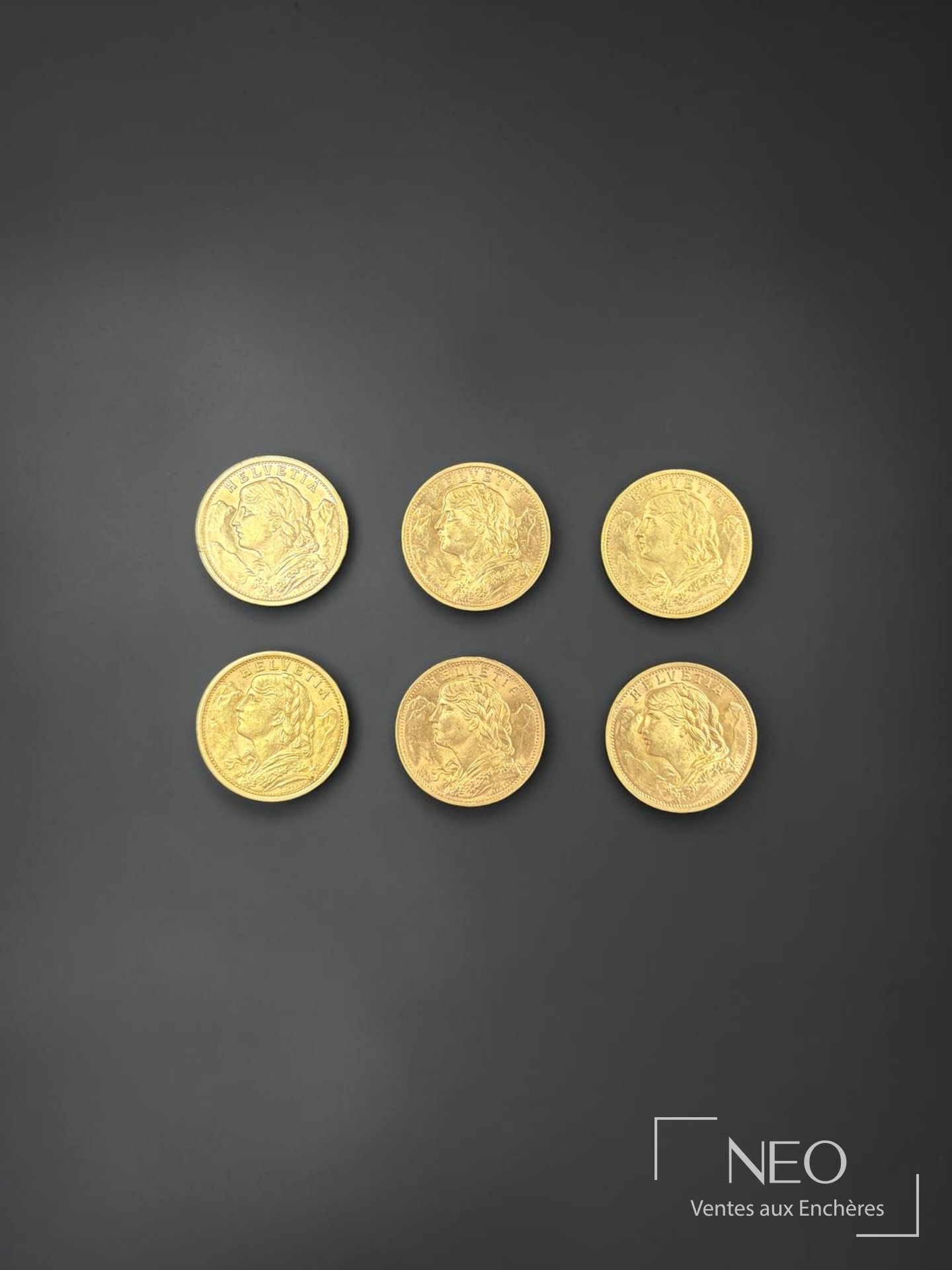 6 pièces de 20 francs or Helvetia, 1908, 1927 et 1947