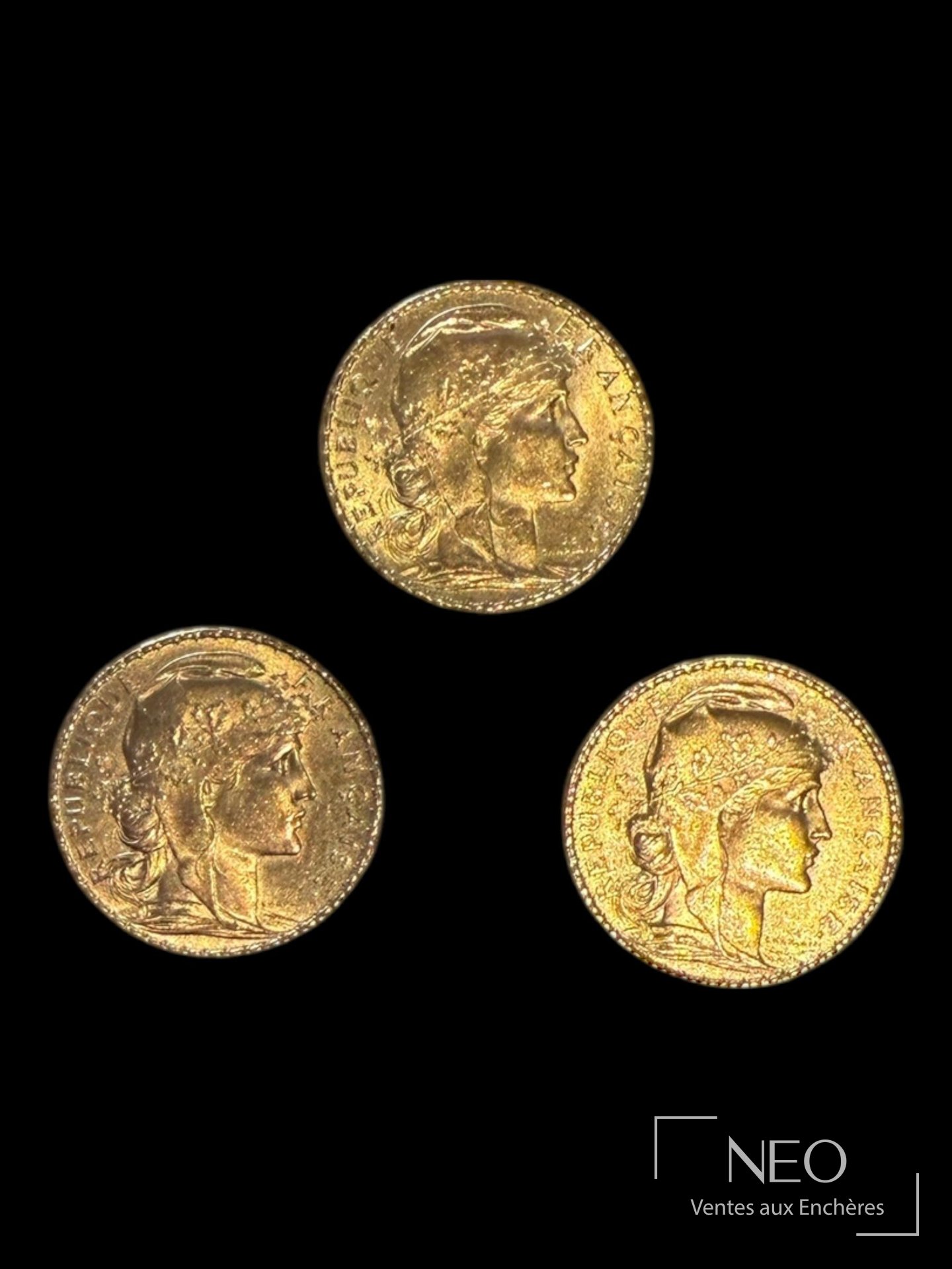 3 pièces de 20 francs or Marianne au coq 1913