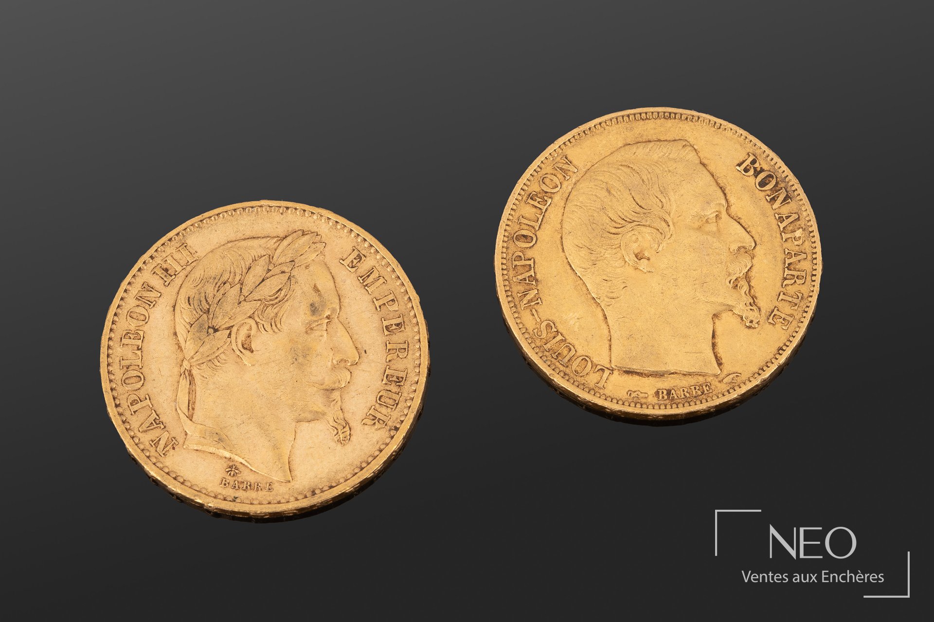 Deux pièces 20 francs or Napoléon III, 1852 et 1867