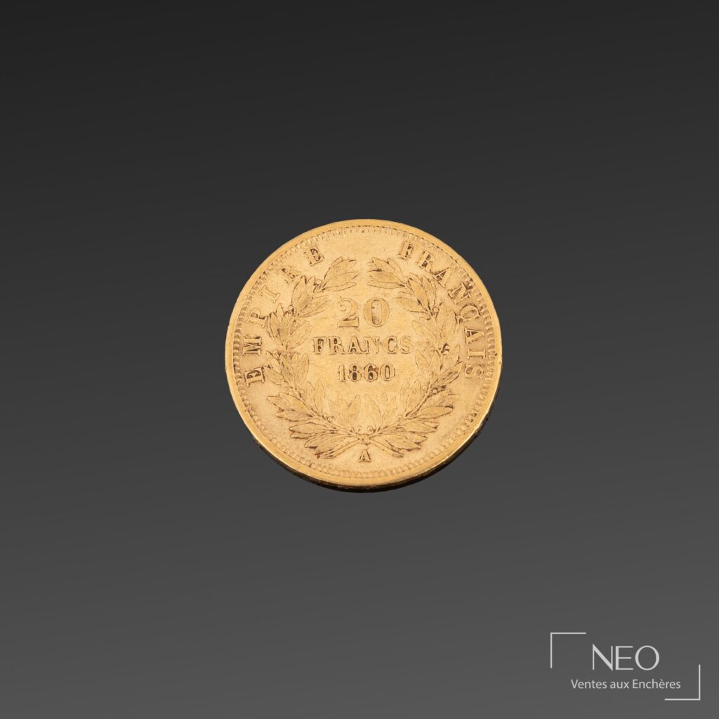 Revers d'une pièce de 20 francs or Napoléon III tête nue