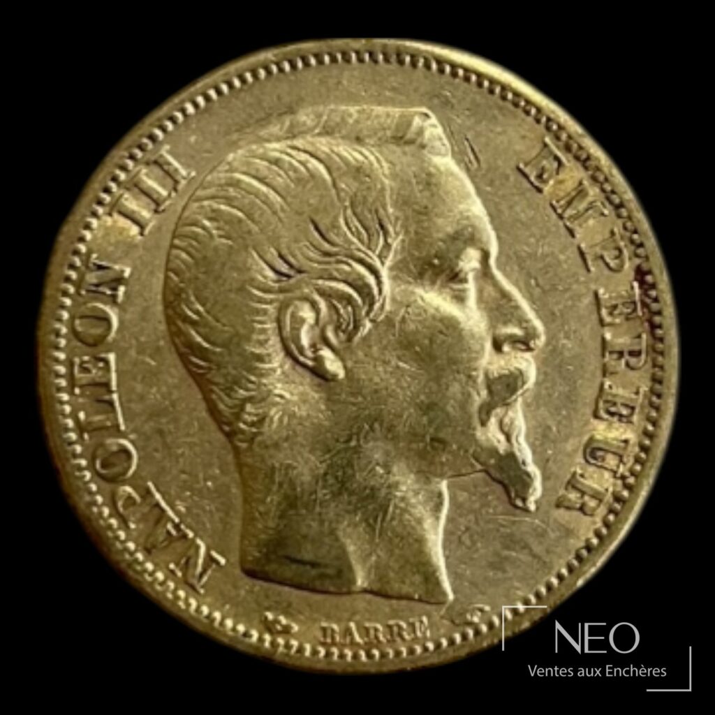 Avers d'une pièce de 20 francs or Napoléon III tête nue