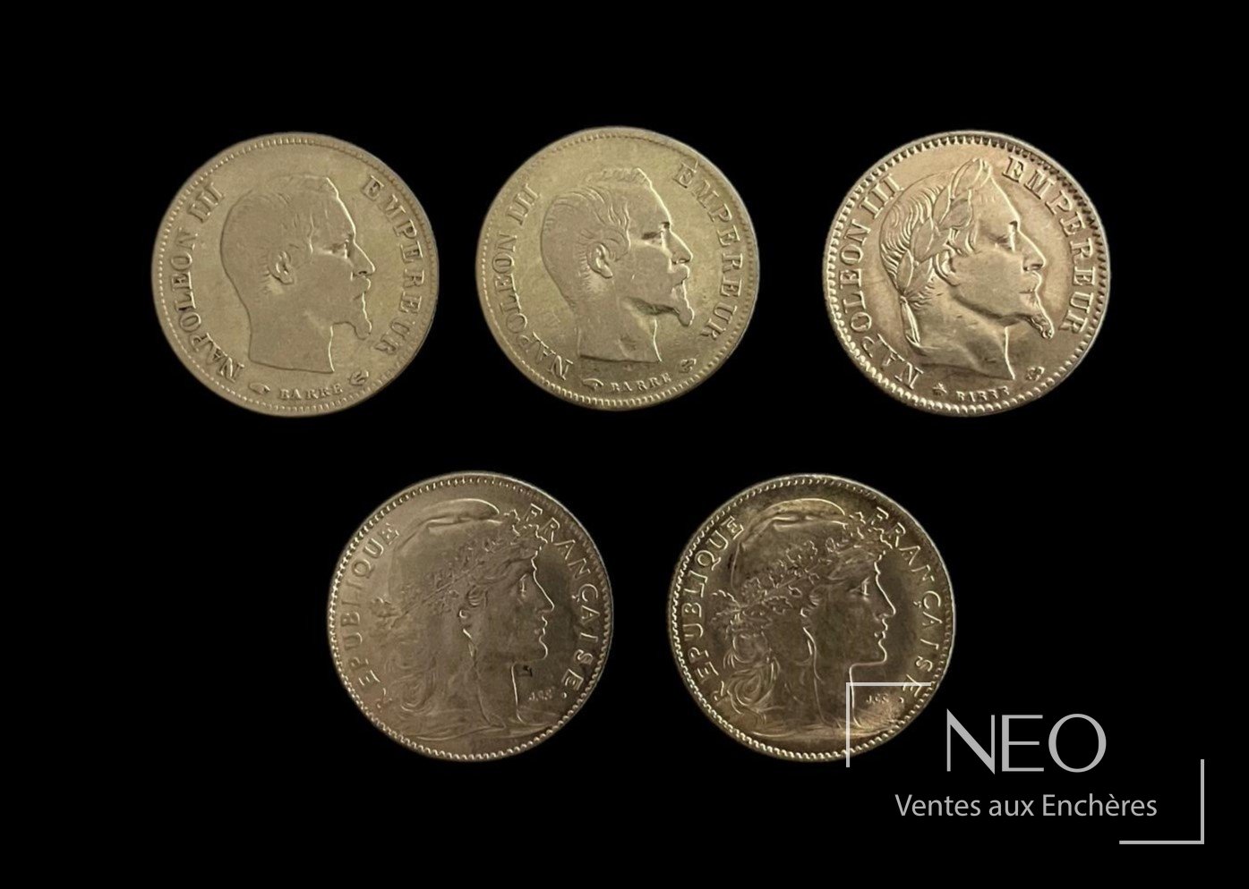 5 pièces de 10 francs or de 1856, 1857, 1865, 1907 et 1912