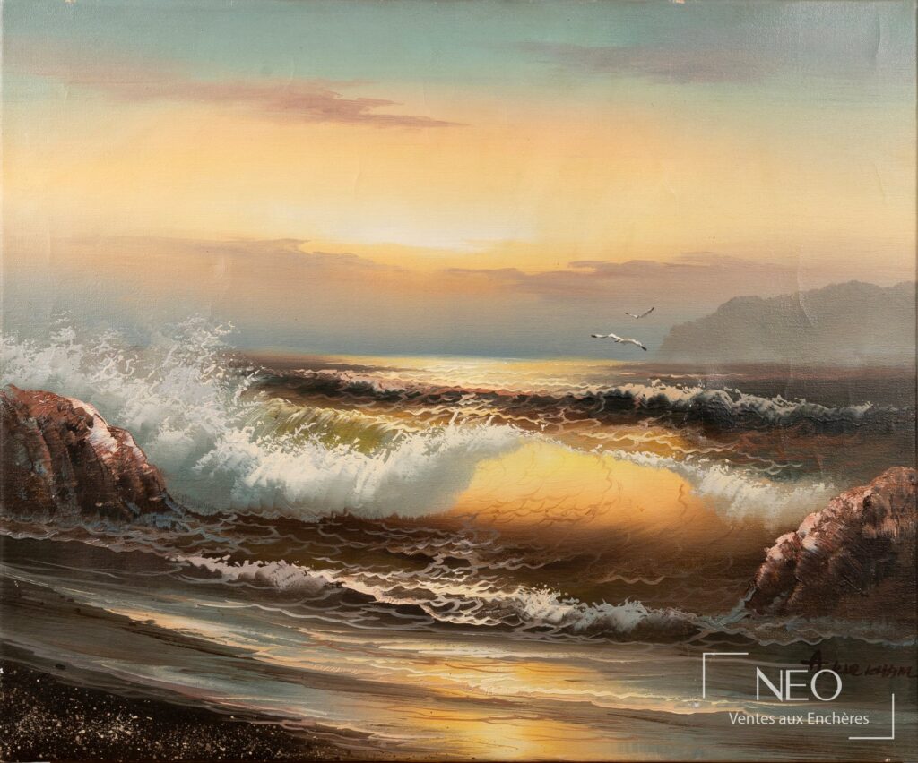 Peinture marine montrant des vagues au coucher du soleil