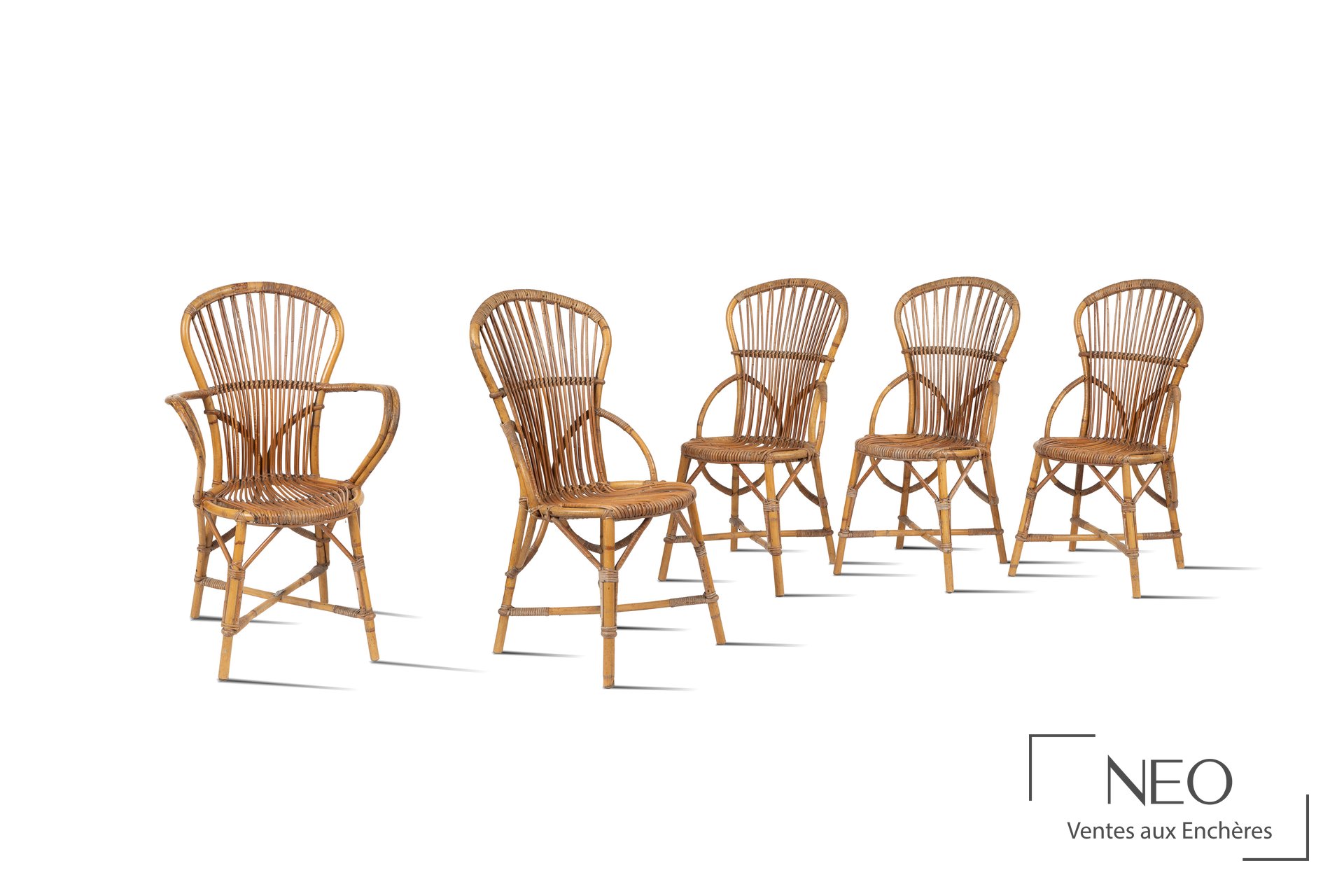 Adrien Audoux et Frida Minnet, suite de quatre chaises et fauteuil au modèle, circa 1970