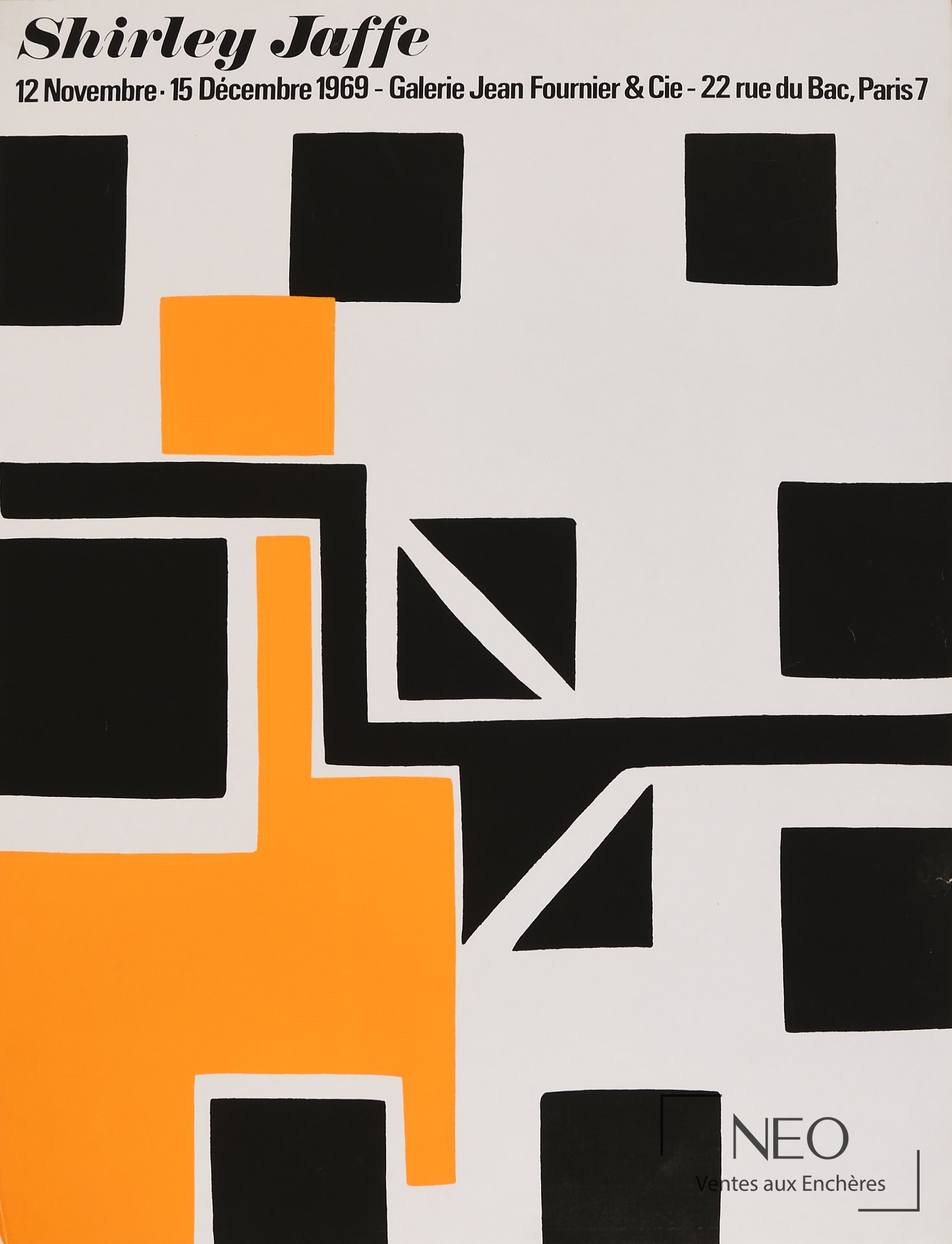 Affiche d’exposition Shirley Jaffe avec composition géométrique noire et orange
