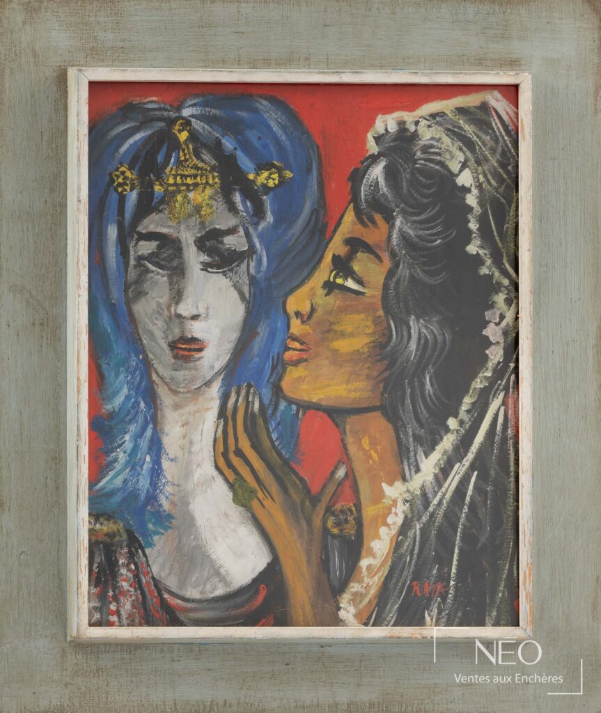 Peinture de Raya représentant deux figures féminines dans des tonalités rouge