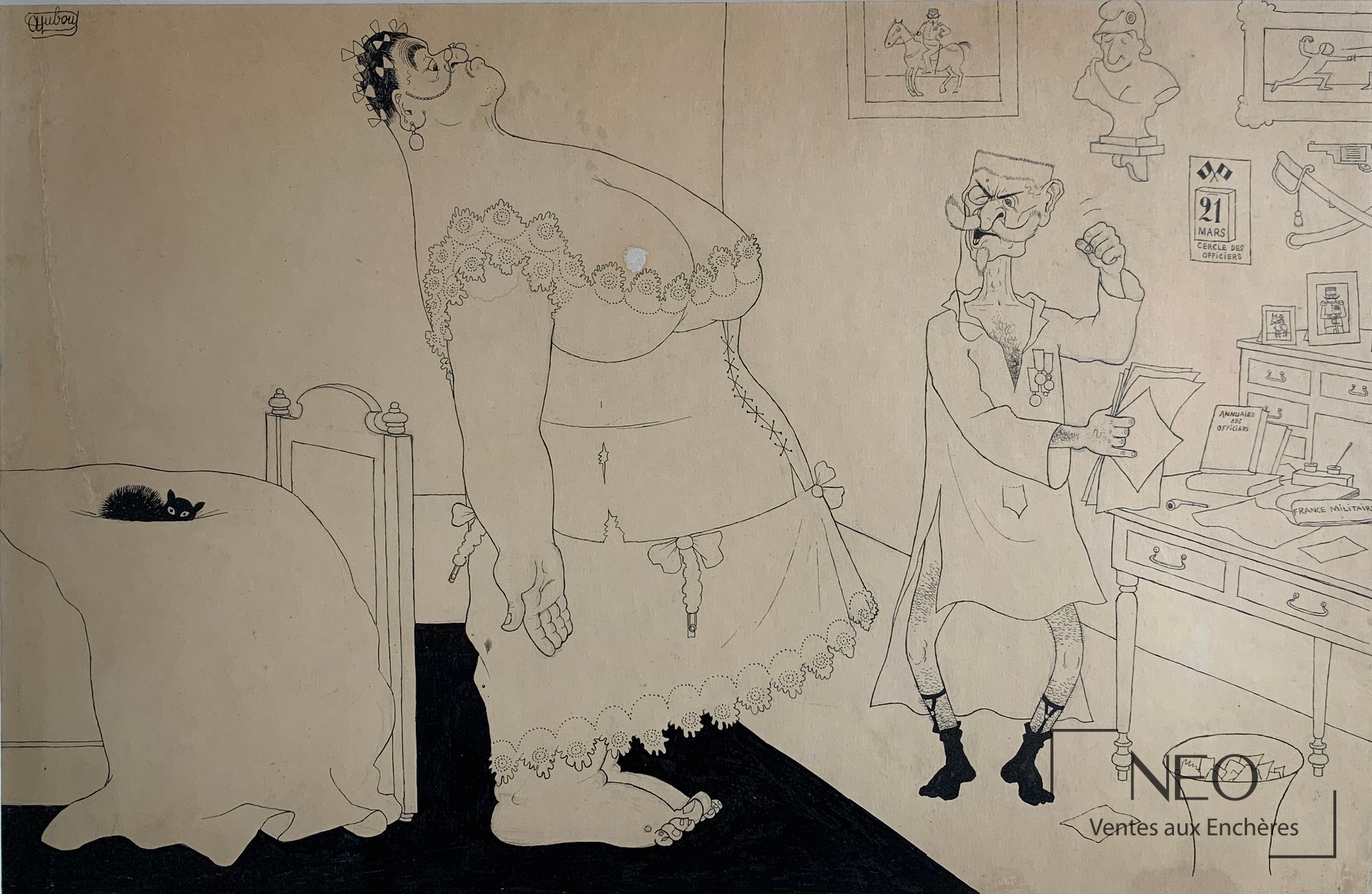 Albert Dubout, Garde à vous, dessin humoristique signé