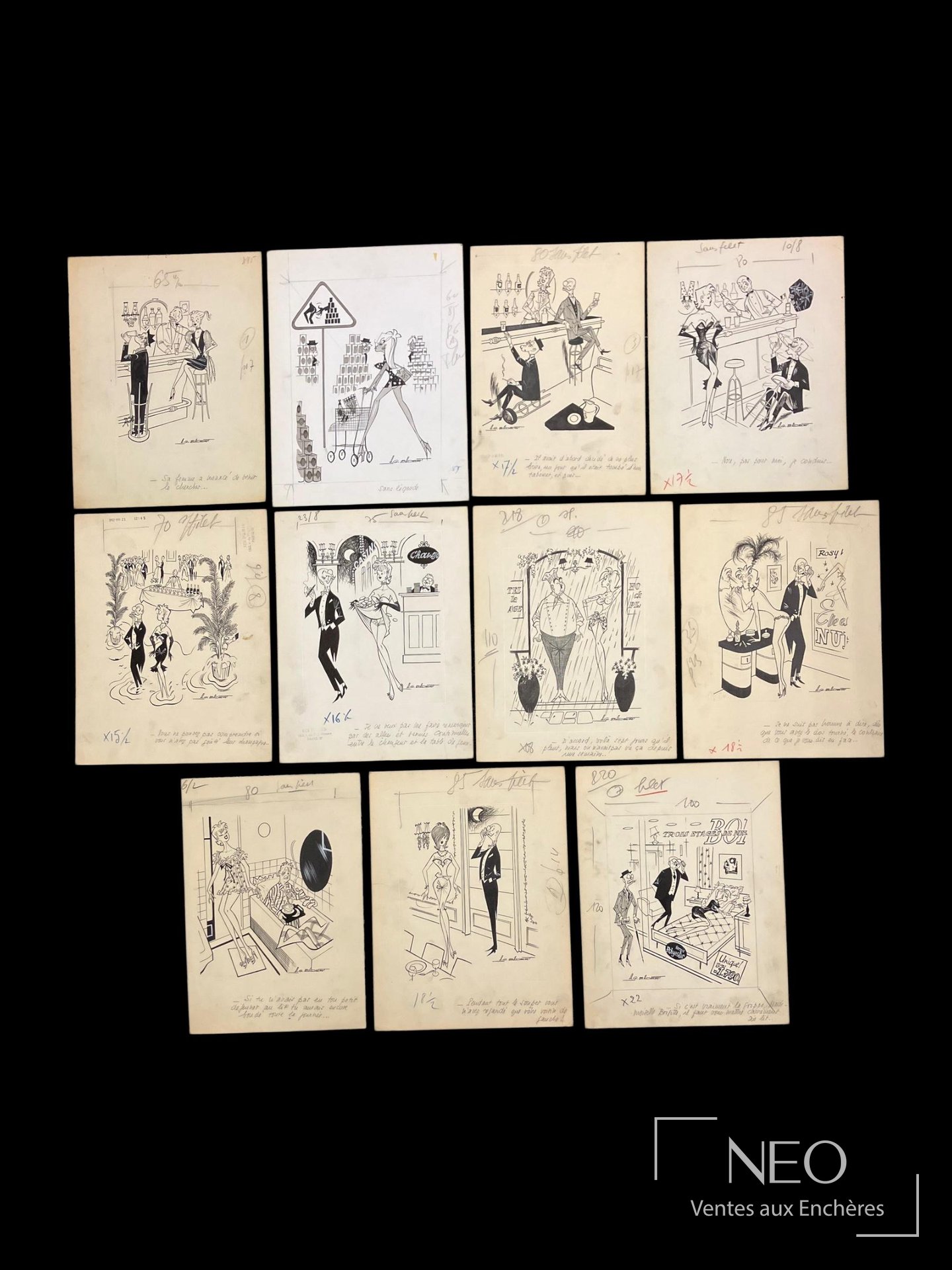 Albert Georges Badert – Ensemble de 11 dessins humoristiques pour Ici Paris
