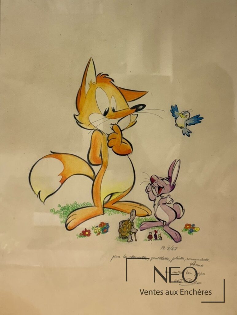 Dessin animalier d’Albert Uderzo avec plusieurs personnages de type cartoon en couleurs.