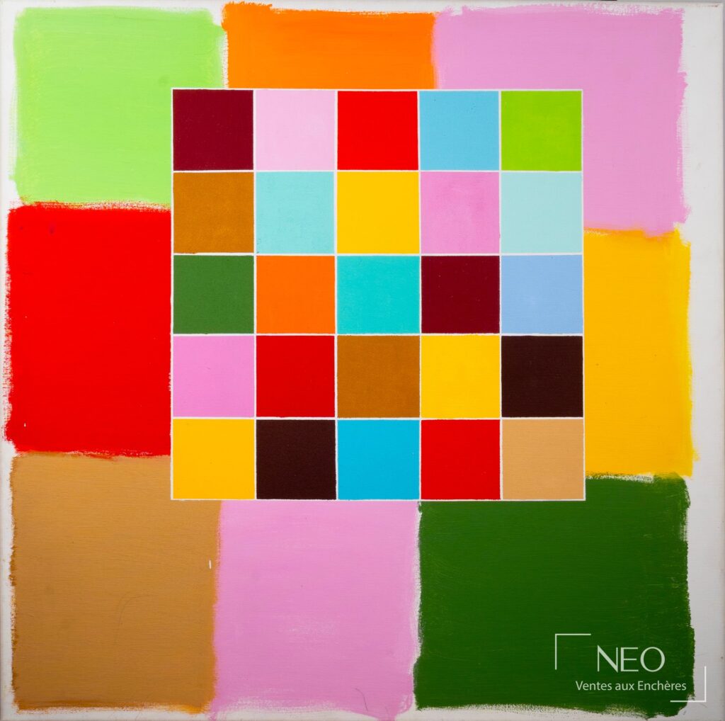 Composition abstraite colorée d'Alberto Cont avec carrés centraux et aplats vifs