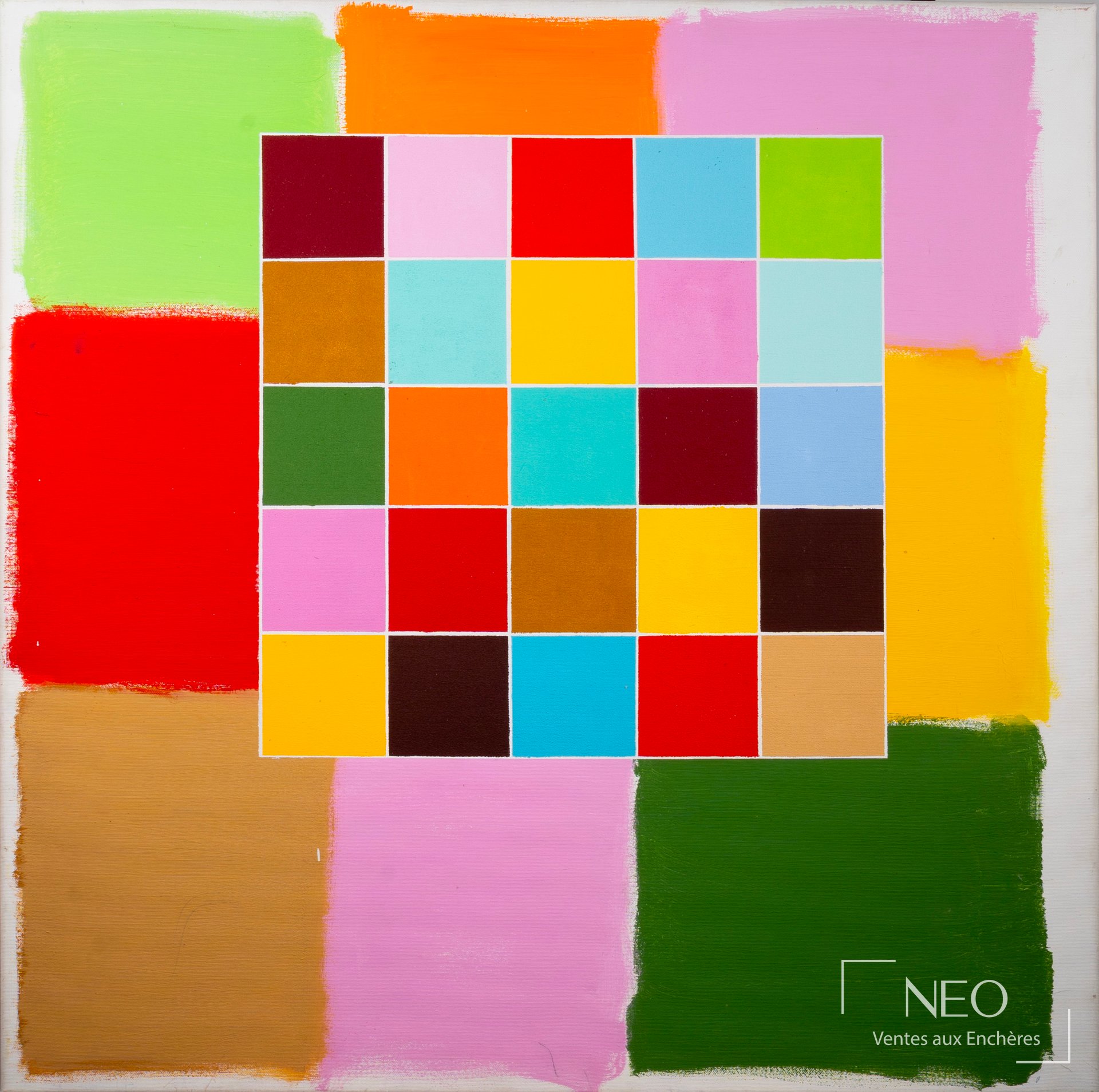 Composition abstraite colorée d'Alberto Cont avec carrés centraux et aplats vifs