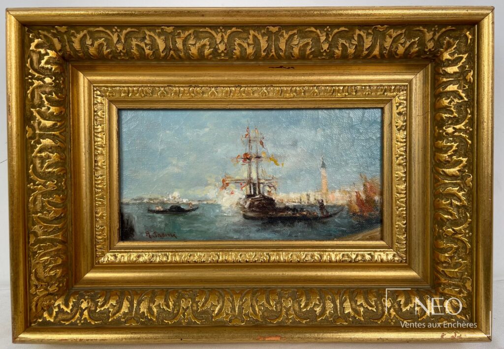 Vue de Venise d'Alberto Pasini dans un cadre doré orné