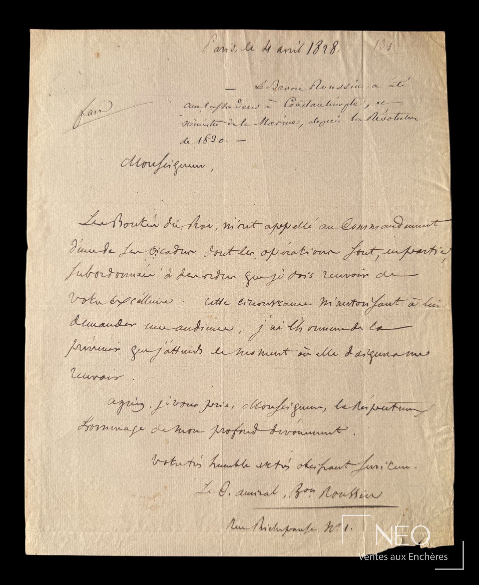 Lettre autographe signée d’Albin Reine, baron Roussin, Paris, 4 avril 1828