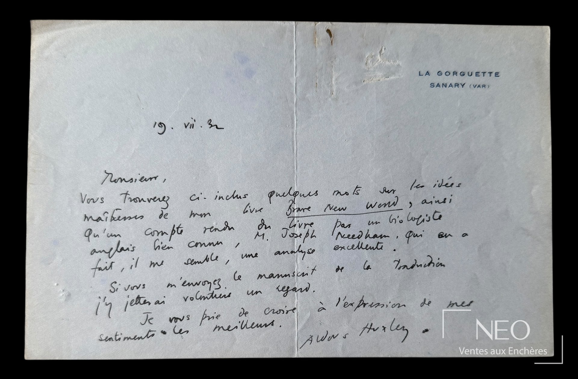Aldous Huxley, lettre autographe signée sur Brave New World, 1932
