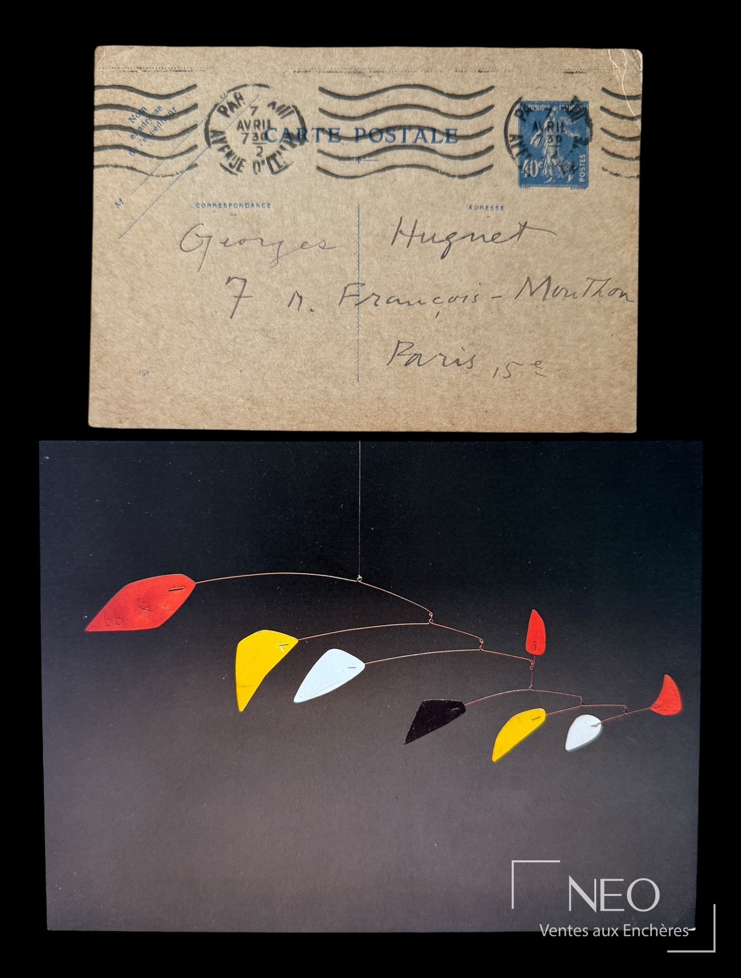 Alexander Calder Carte postale autographe adressée à Georges Hugnet