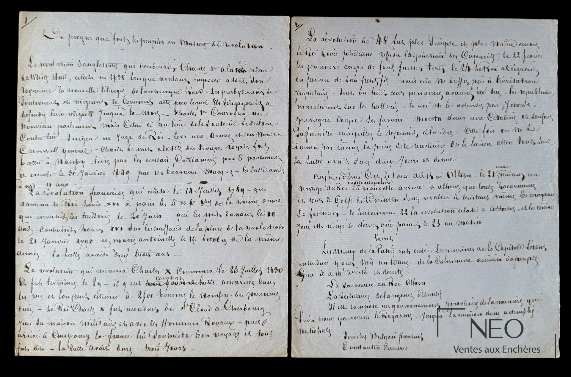 Alexandre Dumas, manuscrit autographe signé sur le progrès et les révolutions