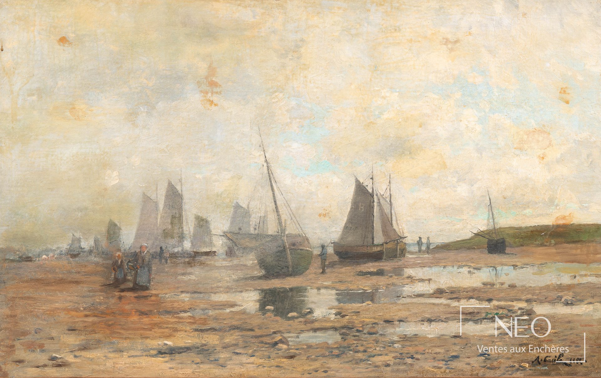 Marine d’Alfred Casile représentant un bord de mer à marée basse avec voiliers