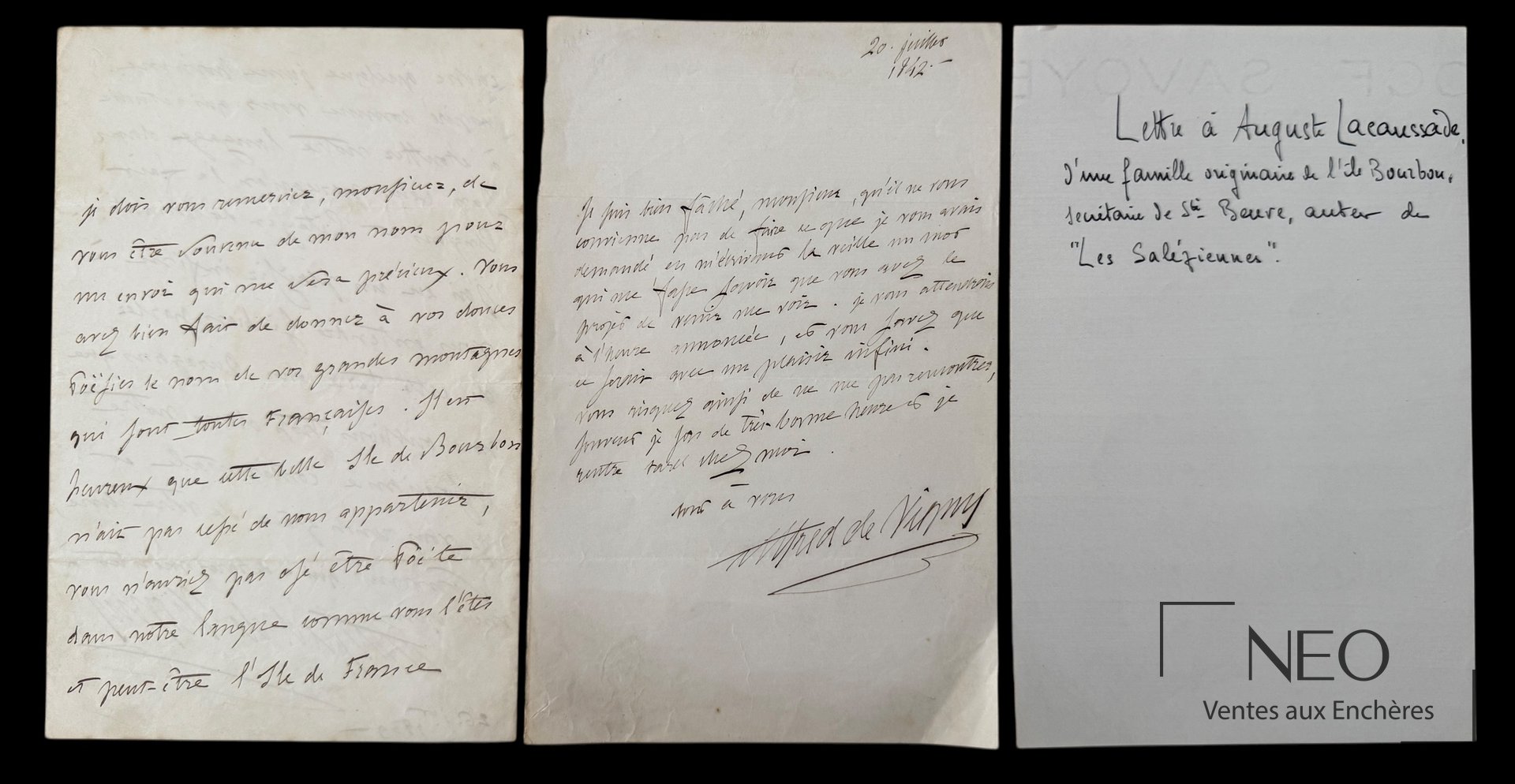 Alfred de Vigny, lettre autographe signée, 1839 et 1842
