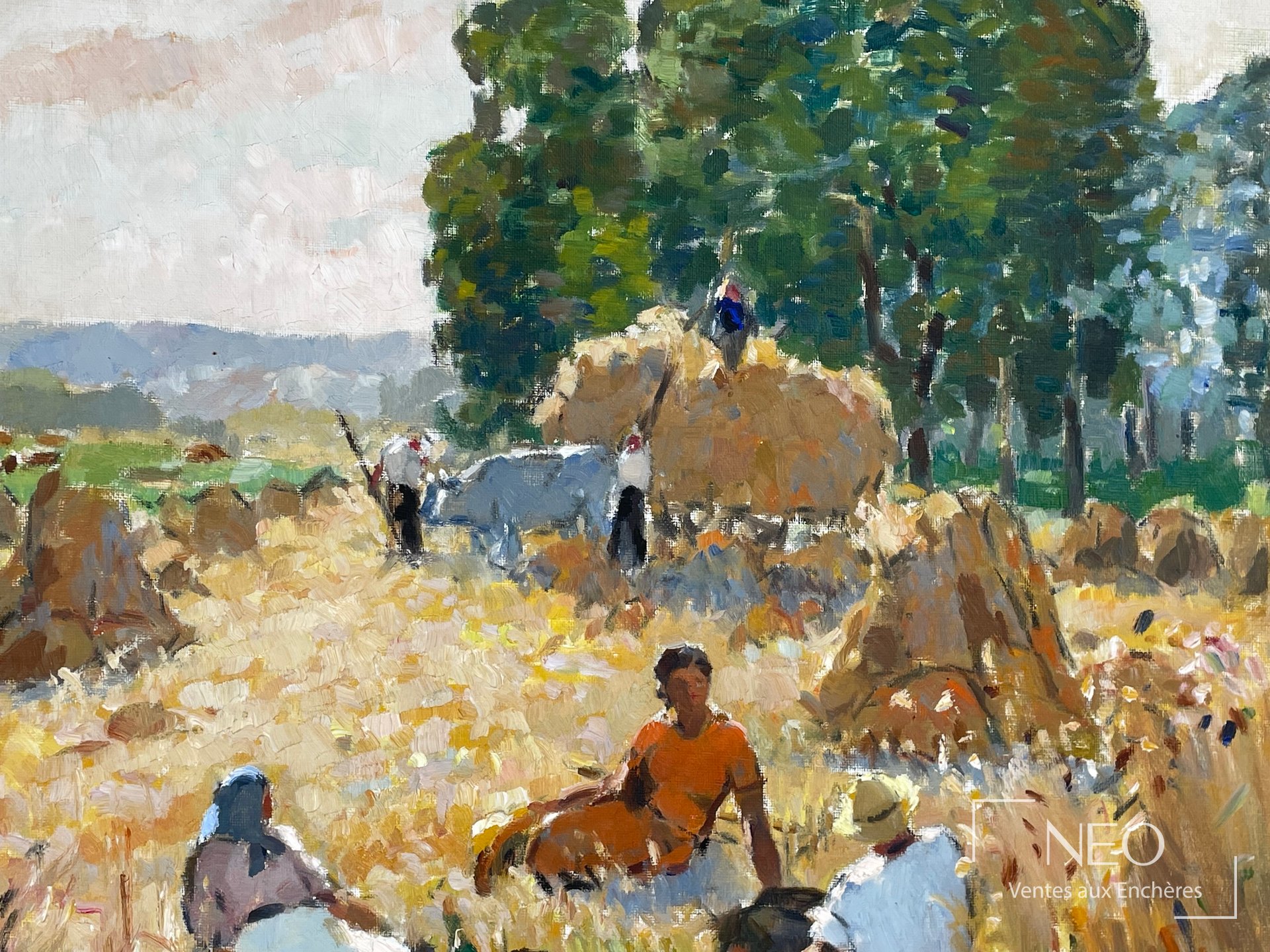 Scène de moisson dans un champ avec plusieurs figures