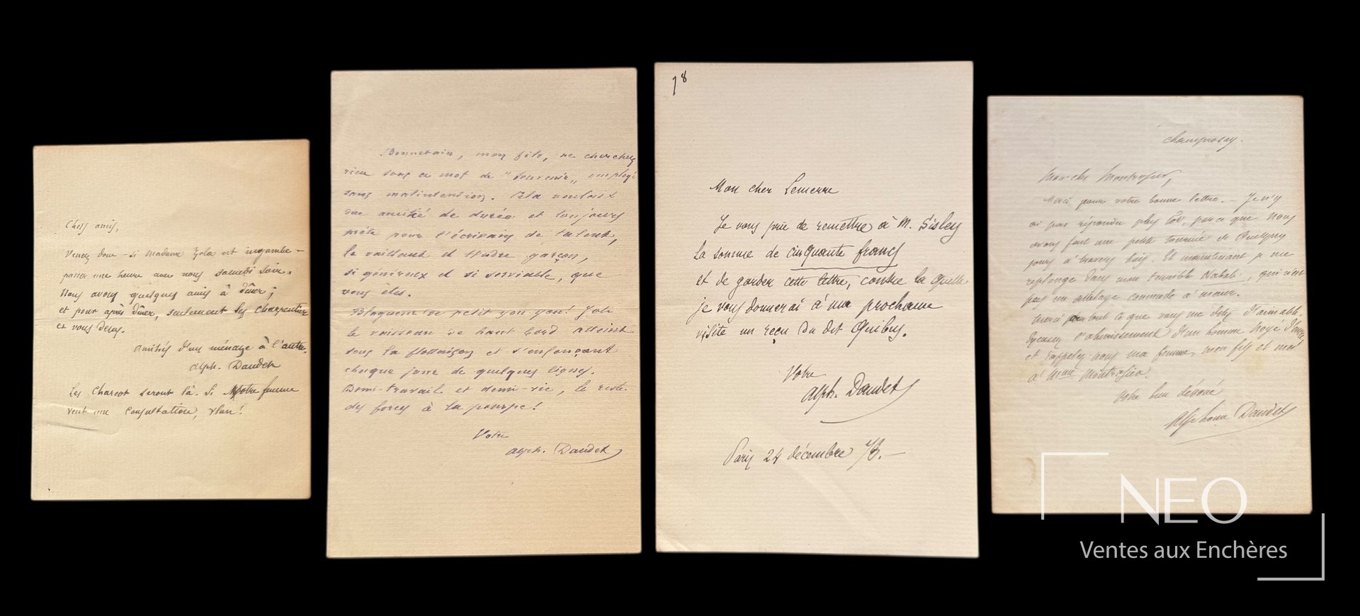 Alphonse Daudet – Ensemble de 4 lettres autographes signées