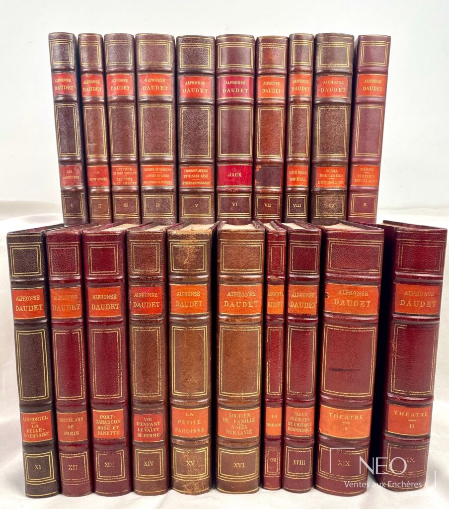 Vingt volumes reliés d’Alphonse Daudet alignés de face