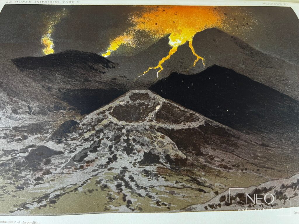 Planche en couleur représentant un volcan en éruption