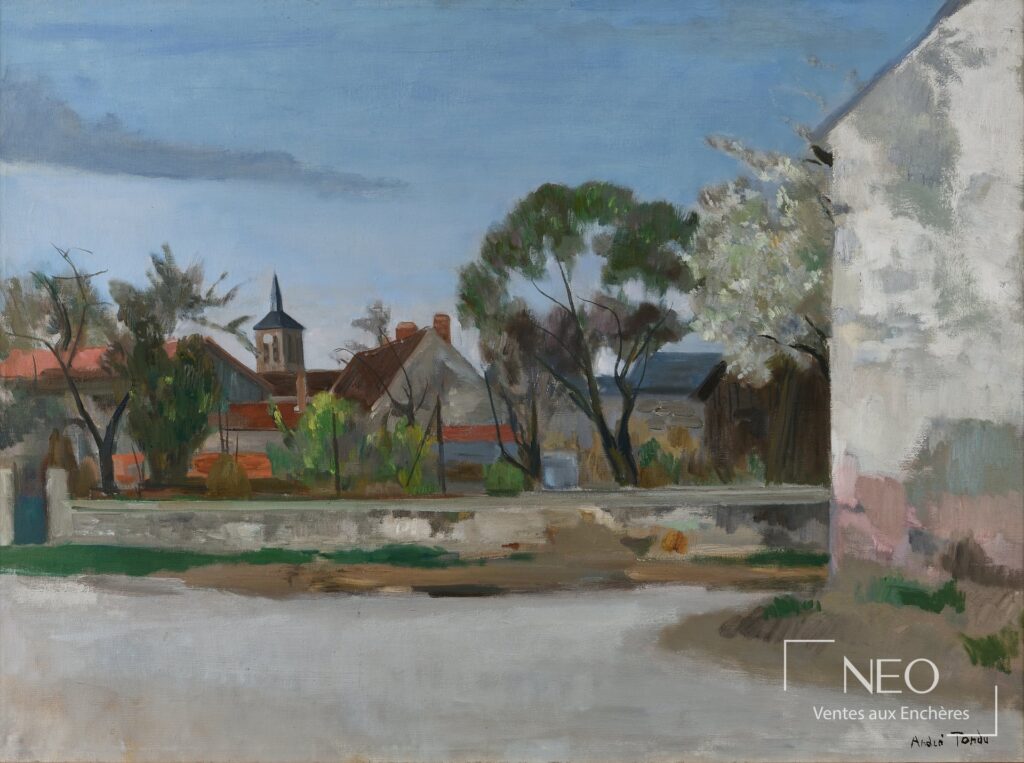Paysage peint à l'huile avec clocher