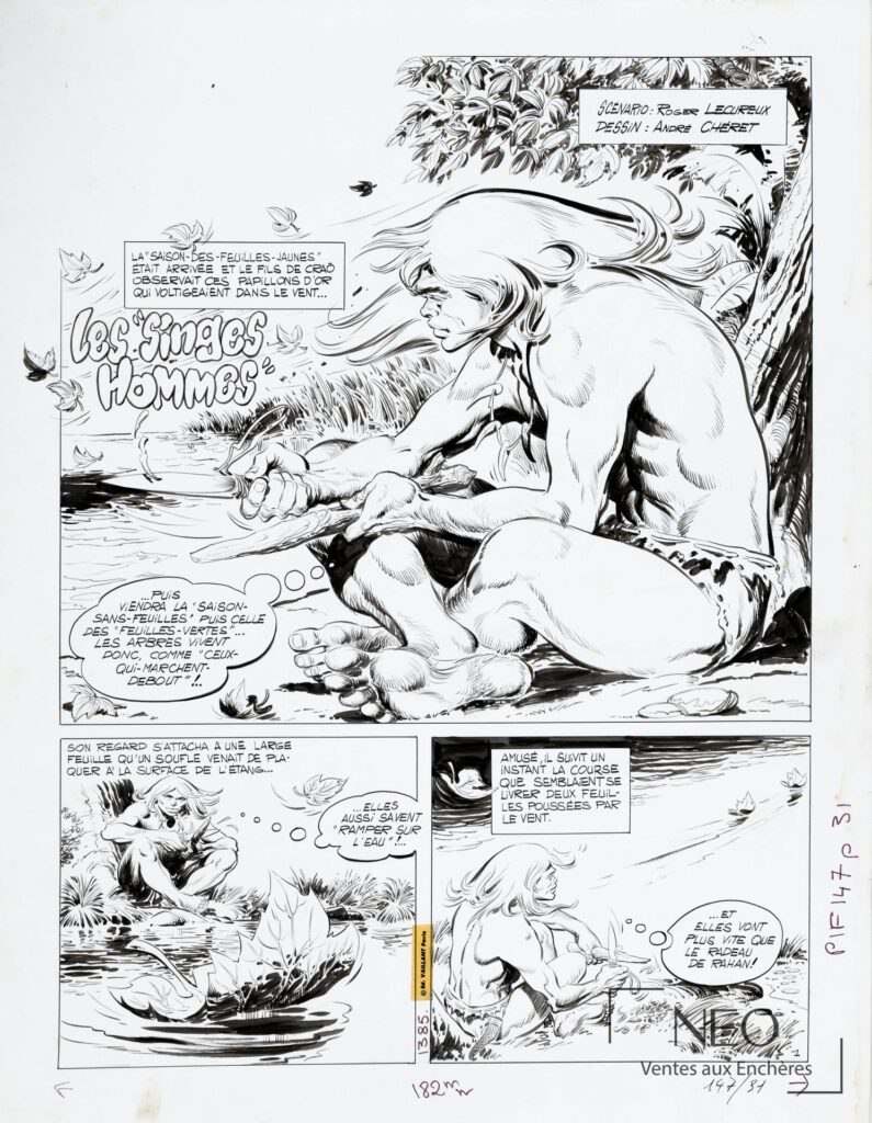 Planche originale en noir et blanc de Rahan avec grand personnage assis et cartouche titré Les singes hommes