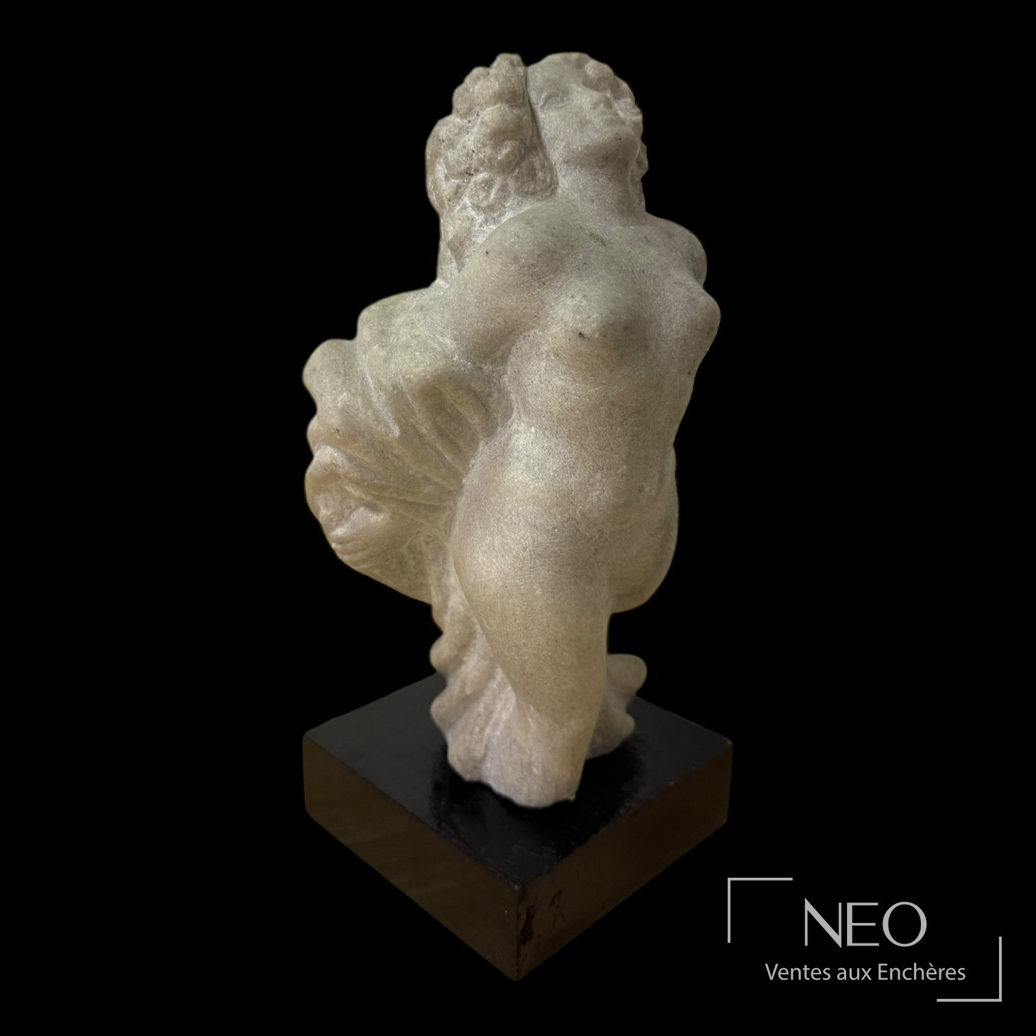 Sculpture de Vénus en pierre granite vue de trois quarts sur socle noir