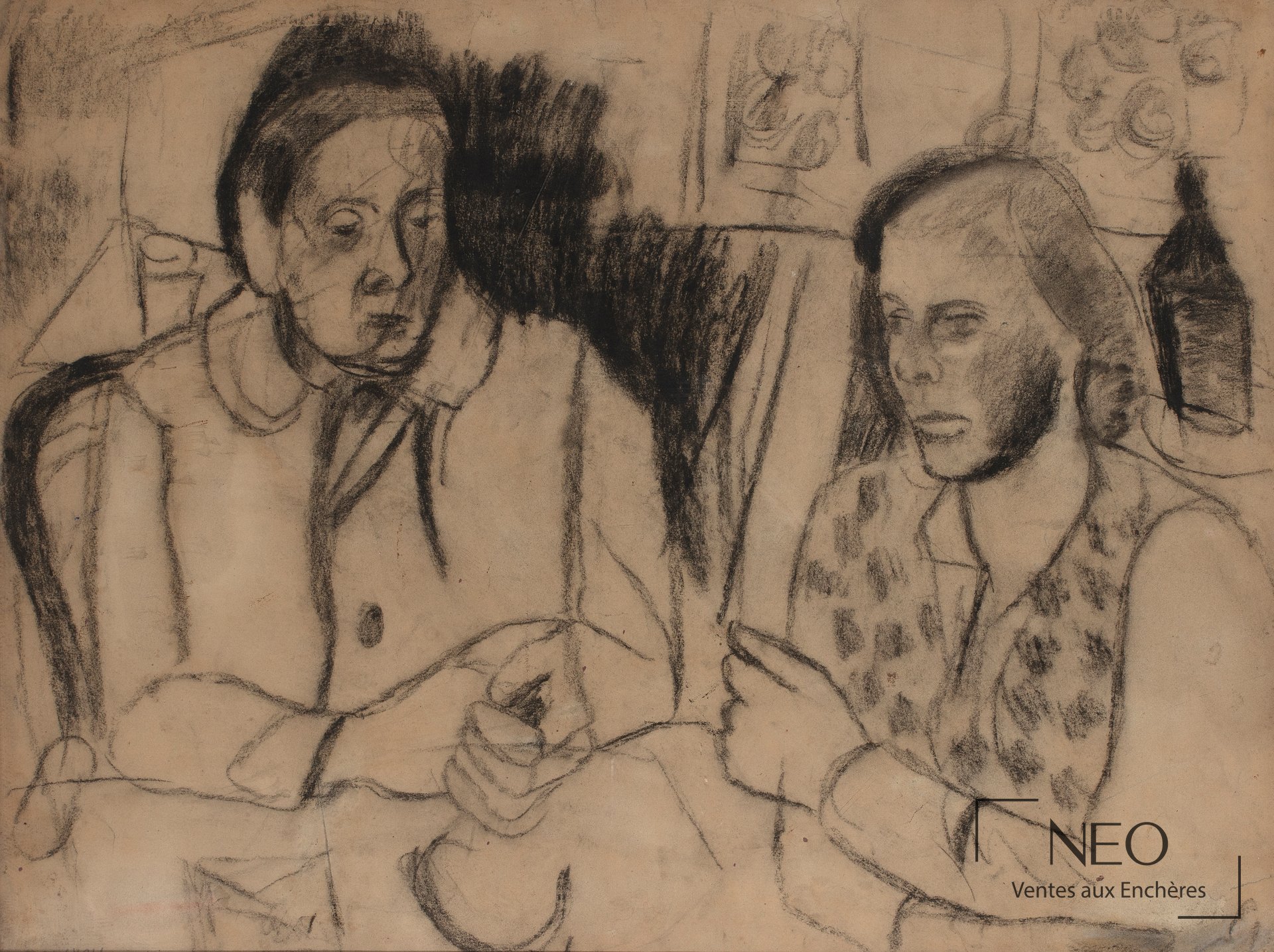 Deux personnages attablés au fusain