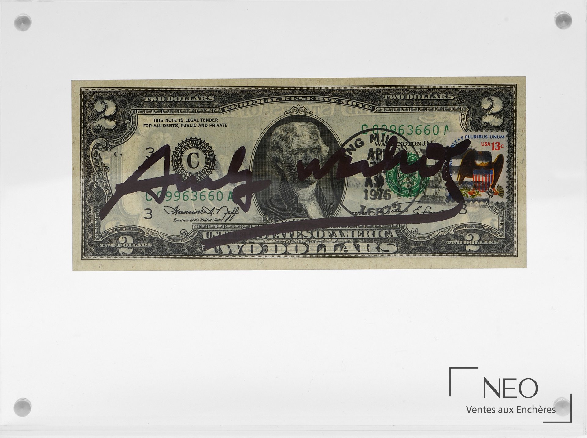 Andy Warhol, billet de 2 dollars à l’effigie de Thomas Jefferson, série 1976