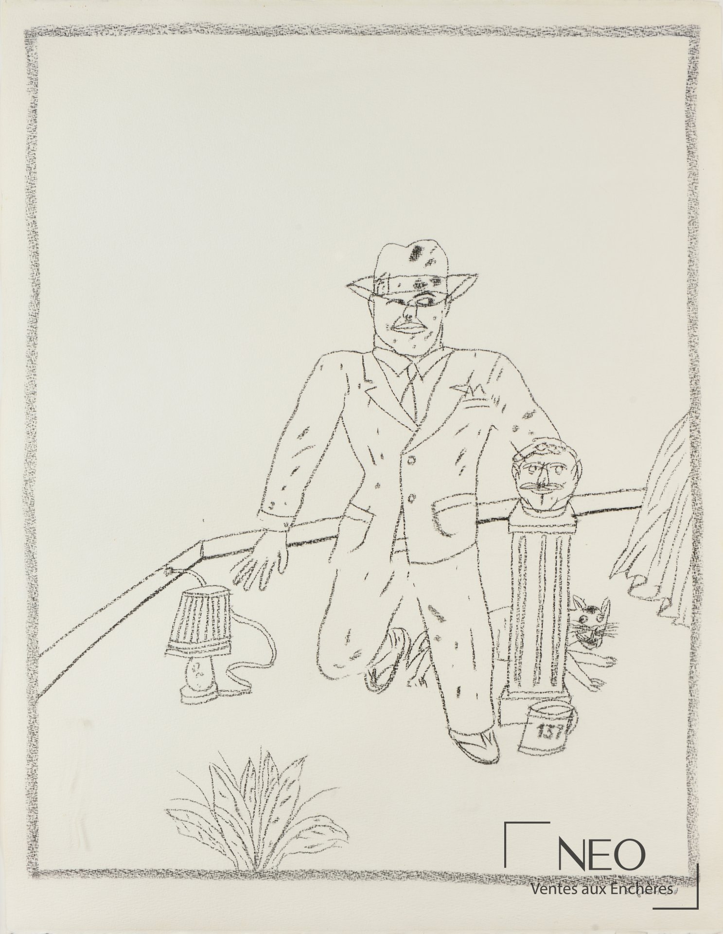 Dessin d’Antonio SEGUI représentant un personnage au costume et au chapeau