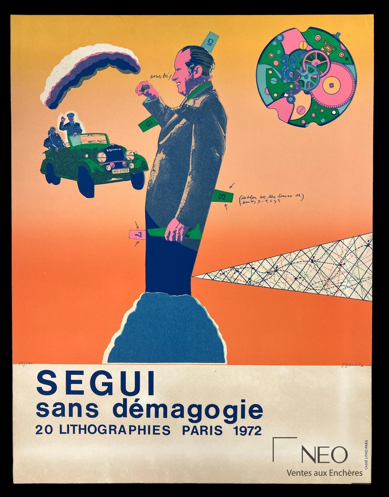 Couverture du portfolio Antonio Segui Sans démagogie avec figure centrale et mention 20 lithographies Paris 1972