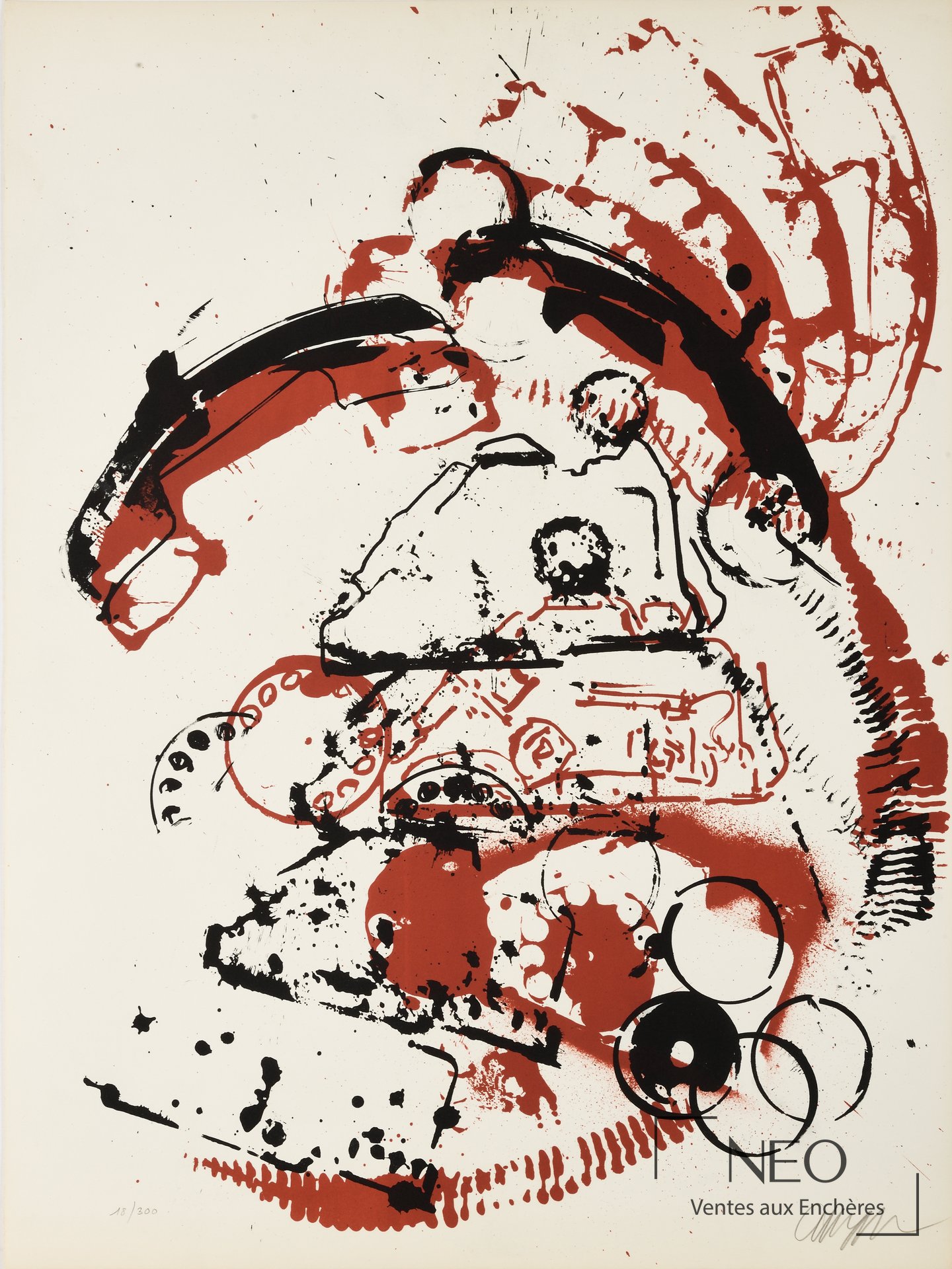 Lithographie d'Arman aux motifs rouge et noir sur fond clair