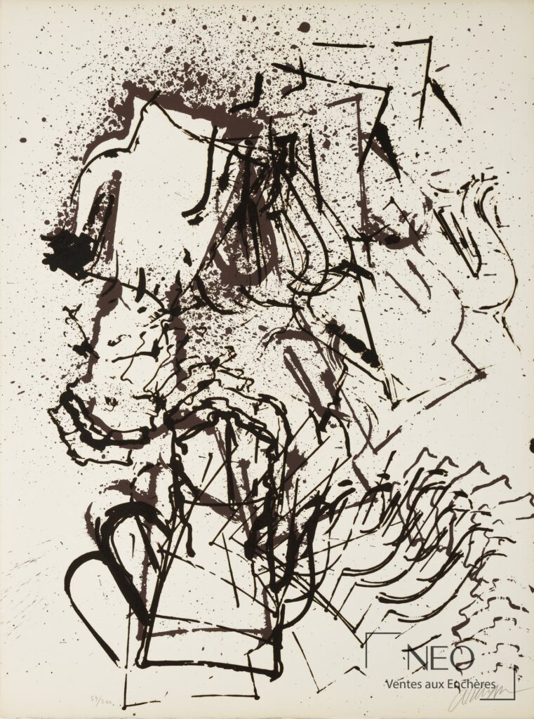Lithographie abstraite d'Arman en tons marron sur papier vélin.