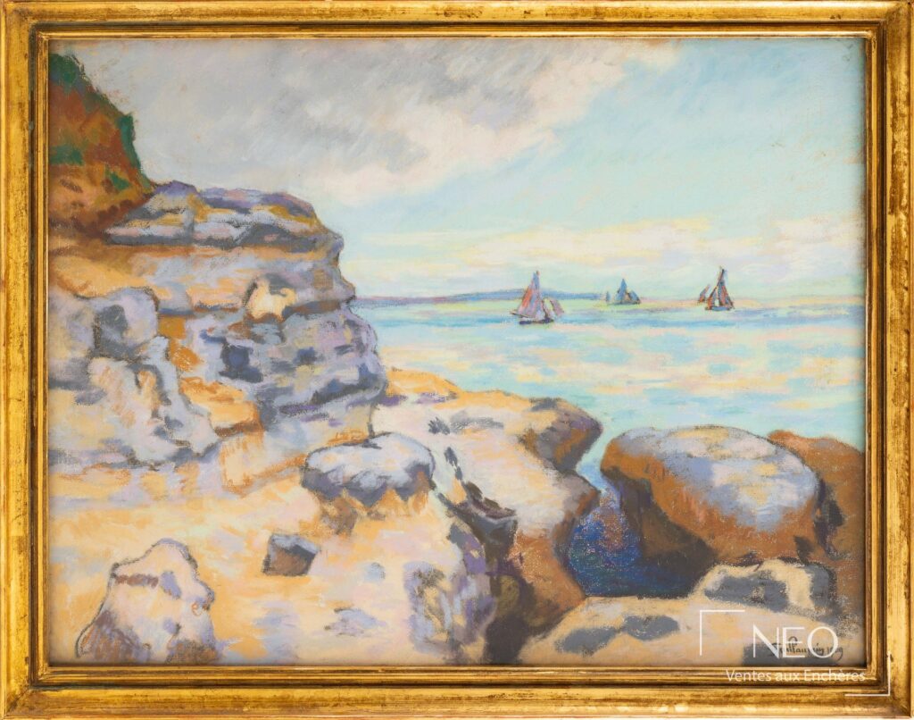 Pastel d'Armand Guillaumin montrant une côte rocheuse et la mer avec des voiliers