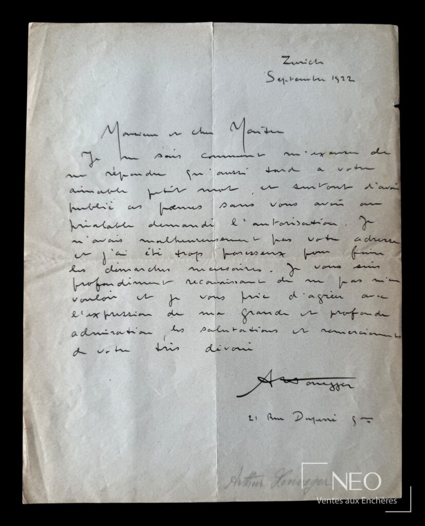 Lettre autographe signée d'Arthur Honegger