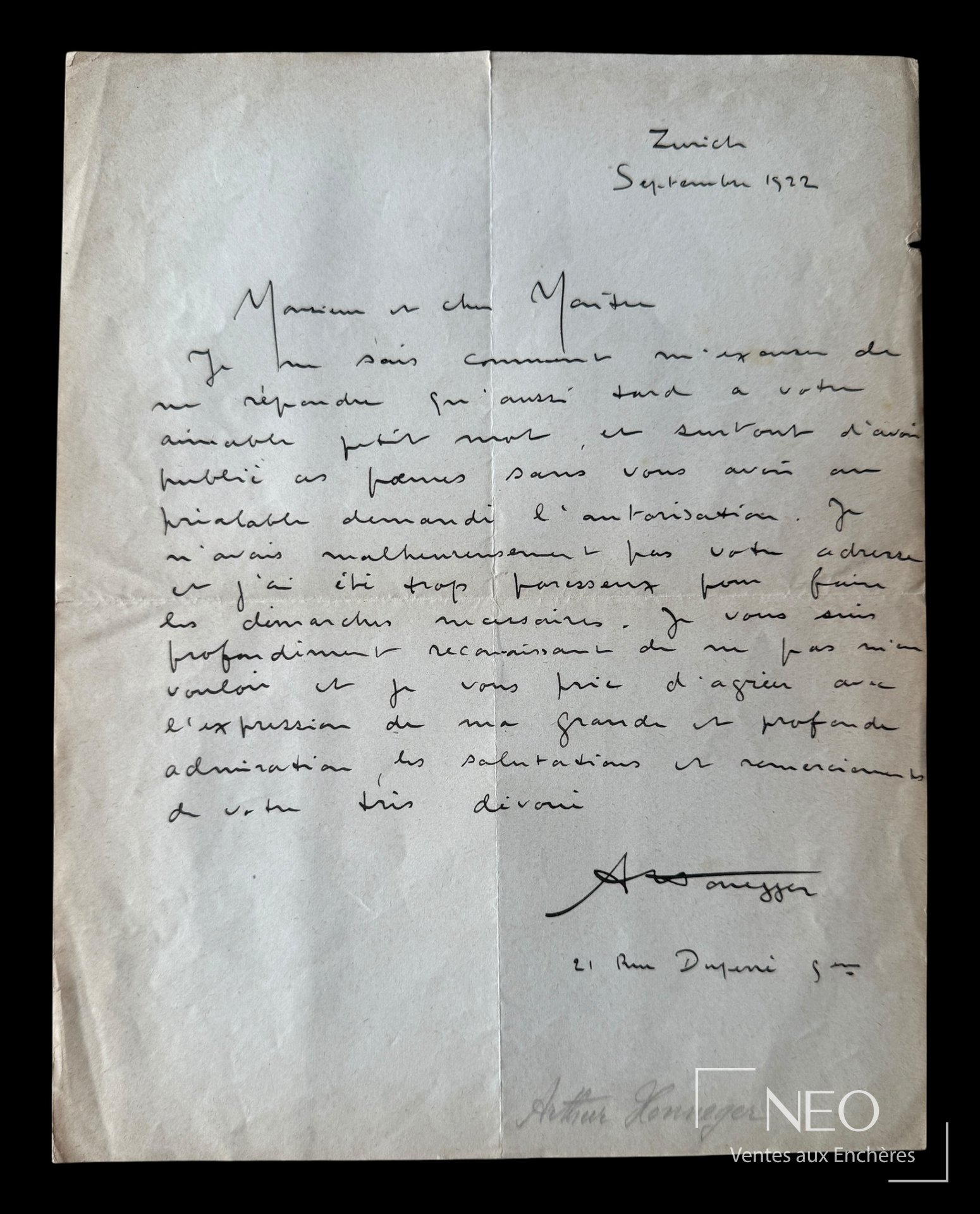 Lettre autographe signée d'Arthur Honegger avec date Zurich septembre 1922