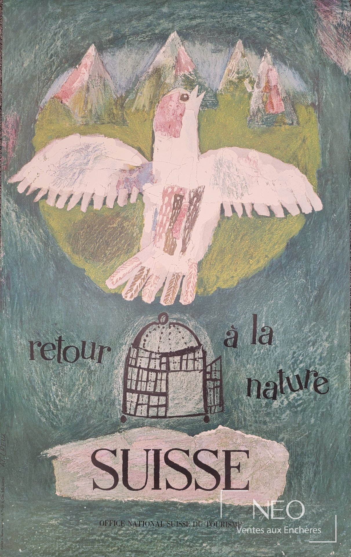 Affiche en couleurs représentant un oiseau blanc devant des montagnes