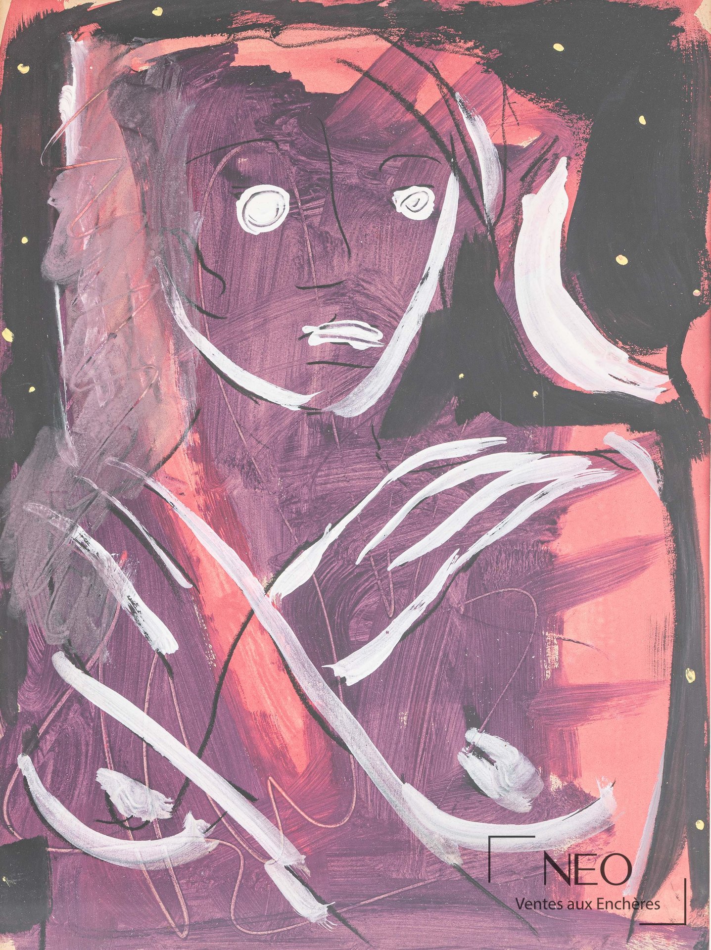 Attribué à Bruno Carrier, Le visage mauve, acrylique sur papier