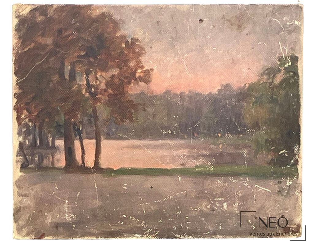 Vue peinte d'un lac au coucher du soleil