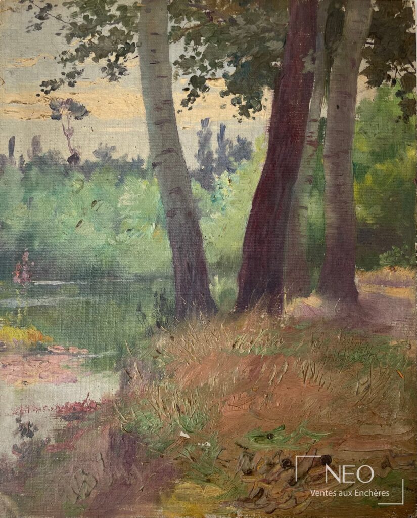 Paysage peint à l'huile montrant des arbres au bord d'une rivière