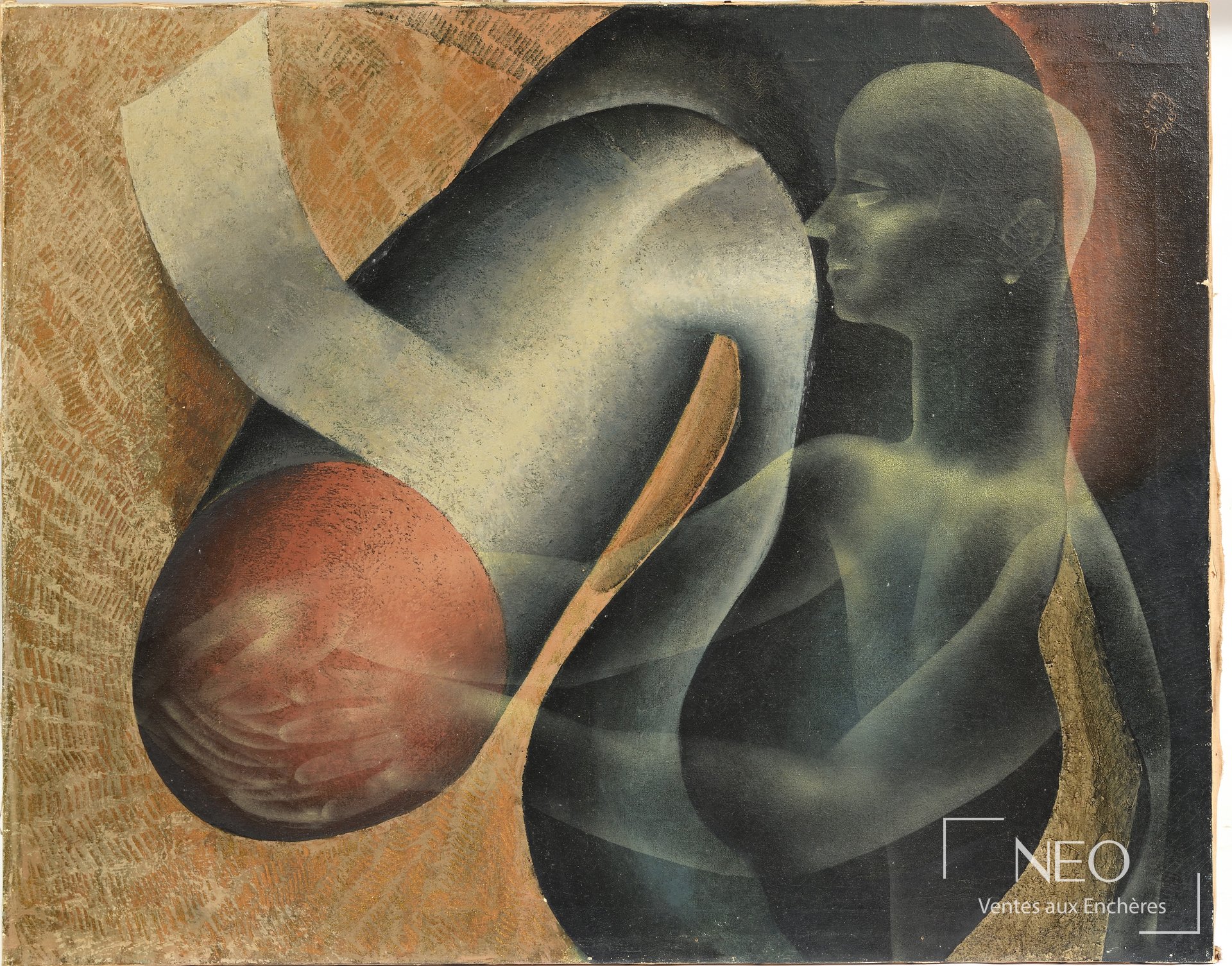 Huile sur toile surréaliste d'Auguste Mambour aux formes organiques et figure humaine