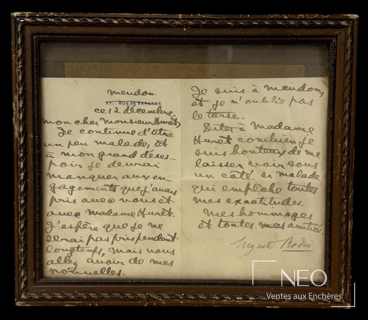 Auguste Rodin — lettre dictée signée adressée à Jules Huret