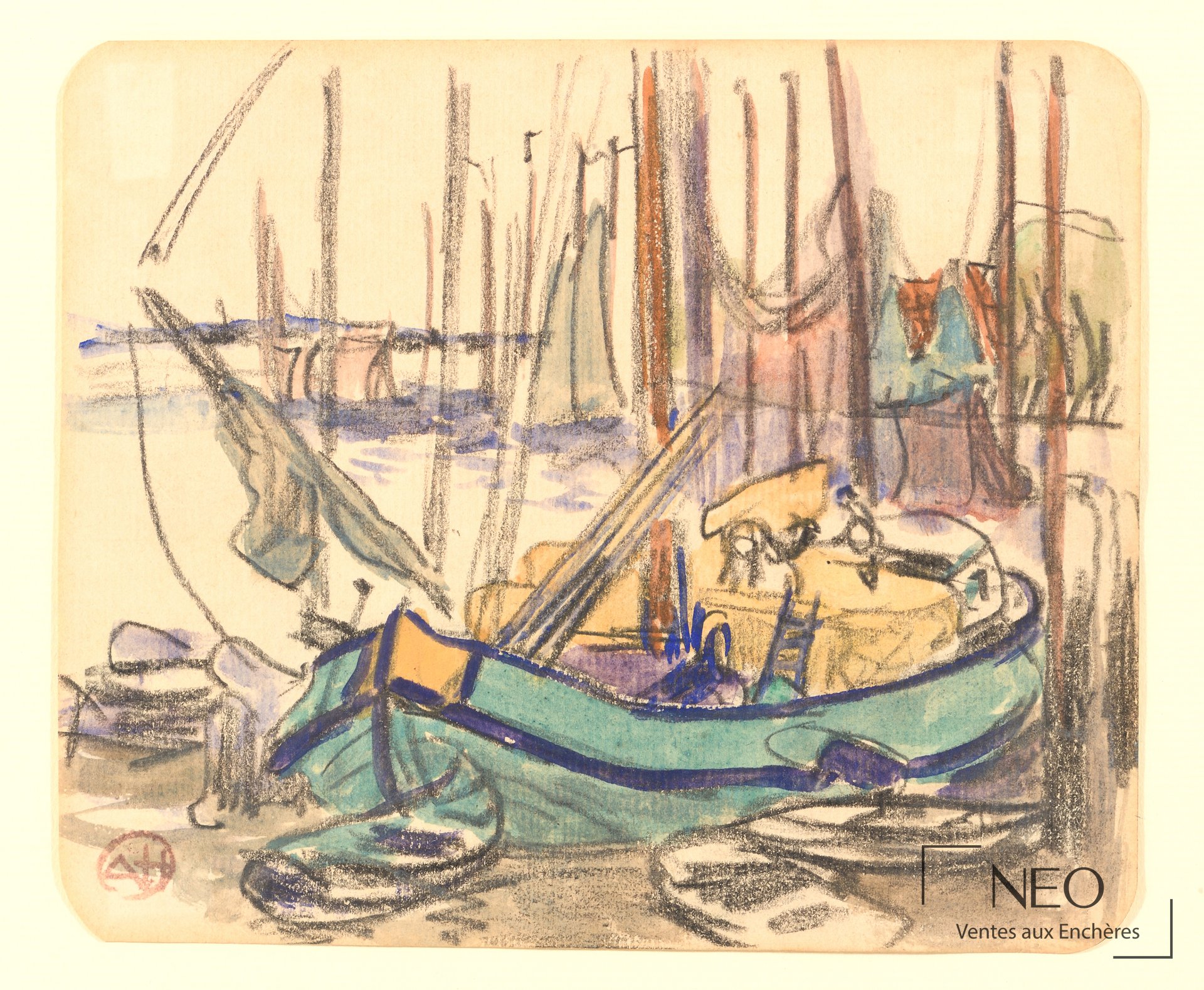 Augustin Hanicotte, Bateau amarré au port, fusain et gouache sur papier