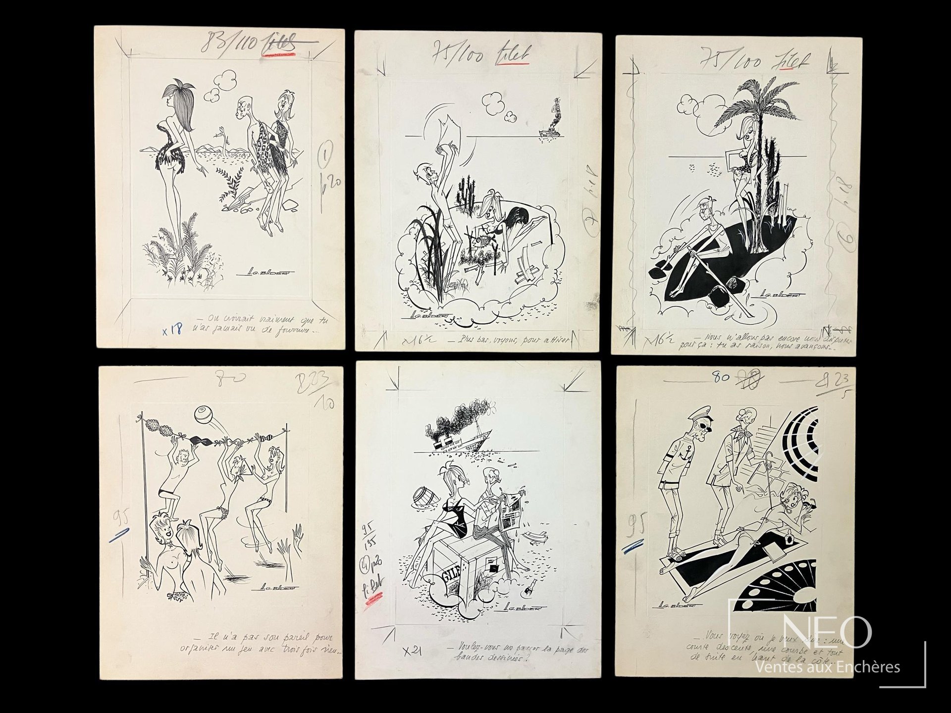 BADERT Albert Georges, ensemble de 6 dessins humoristiques sur les femmes en vacances