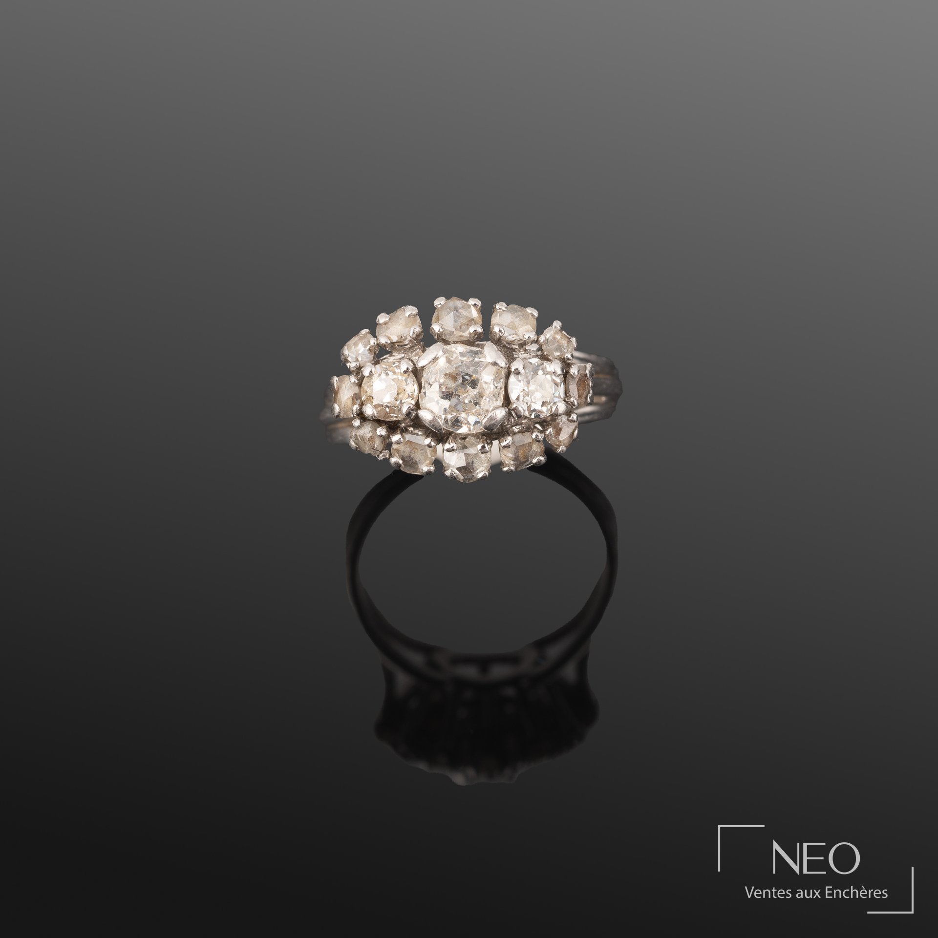 Bague ornée de diamants taille ancienne, or et platine